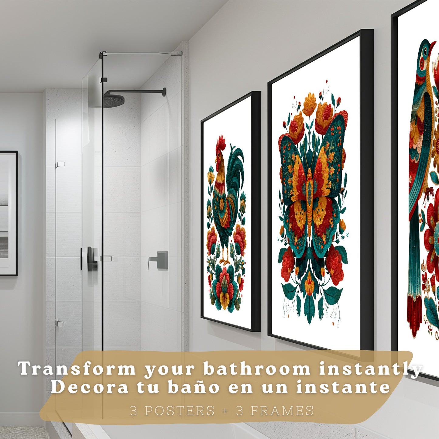 Set de 3 Laminas Decorativas Baño Cuadros Poster Arte Folk Colorido para Pared Lavabo Ducha WC y Aseo con Gallo Mariposa y Pajaros Estilo Ilustracion Moderna