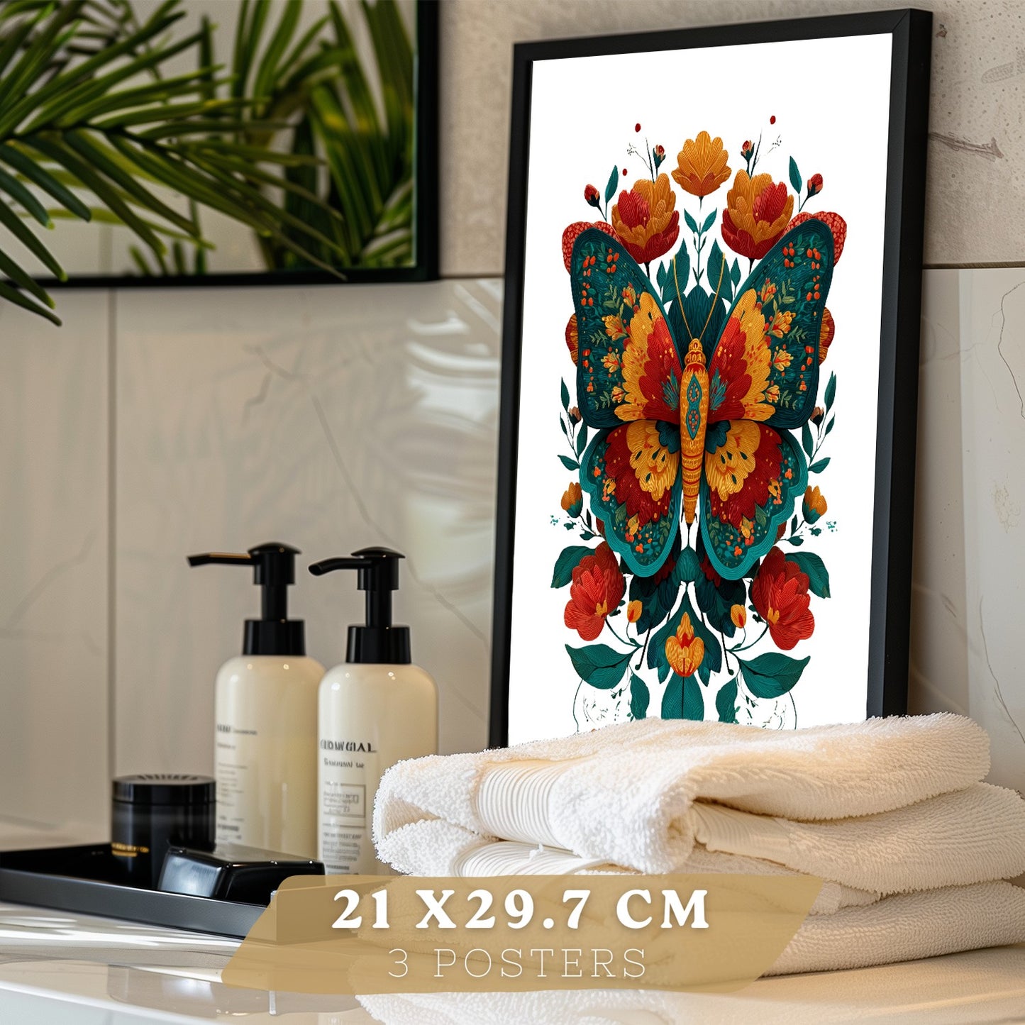 Set de 3 Laminas Decorativas Baño Cuadros Poster Arte Folk Colorido para Pared Lavabo Ducha WC y Aseo con Gallo Mariposa y Pajaros Estilo Ilustracion Moderna
