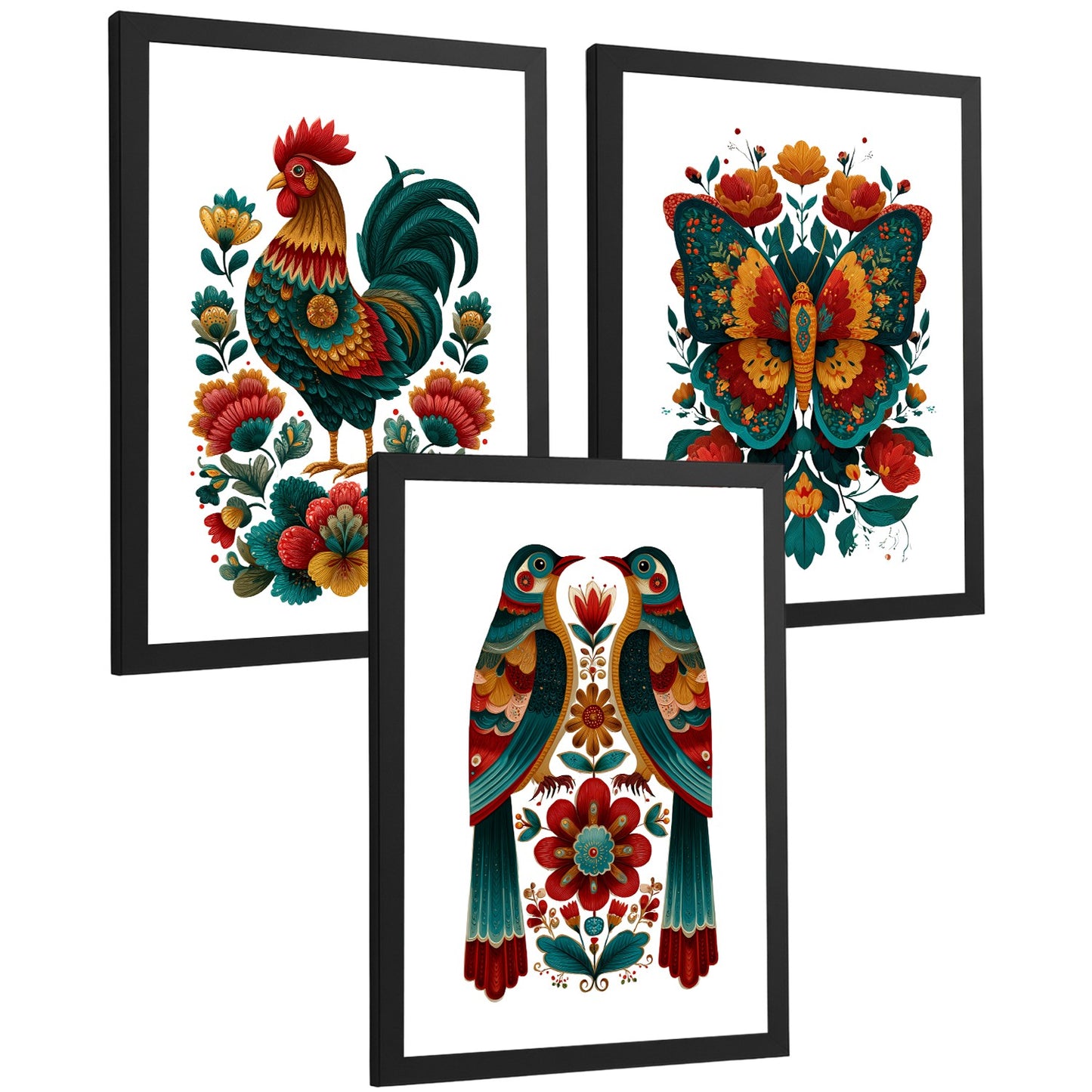 Set de 3 Laminas Decorativas Baño Cuadros Poster Arte Folk Colorido para Pared Lavabo Ducha WC y Aseo con Gallo Mariposa y Pajaros Estilo Ilustracion Moderna