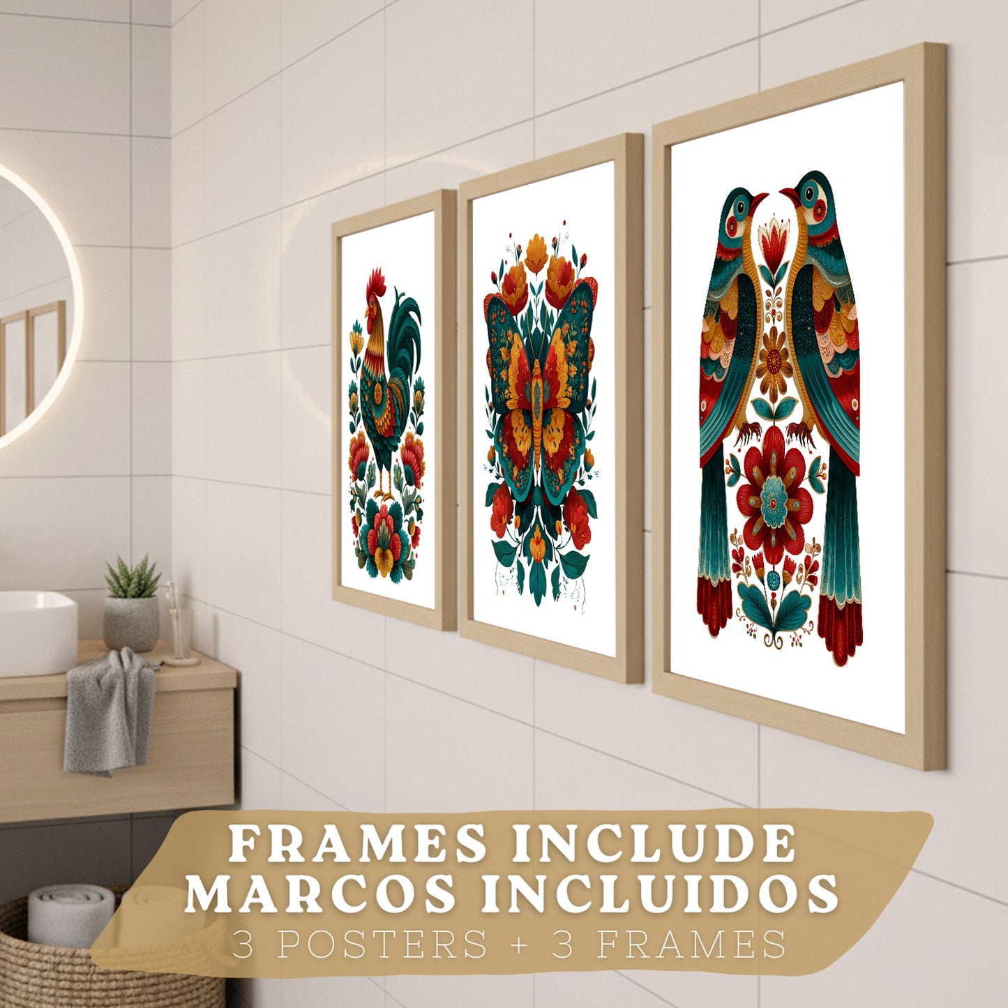 Set de 3 Laminas Decorativas Baño Cuadros Poster Arte Folk Colorido para Pared Lavabo Ducha WC y Aseo con Gallo Mariposa y Pajaros Estilo Ilustracion Moderna