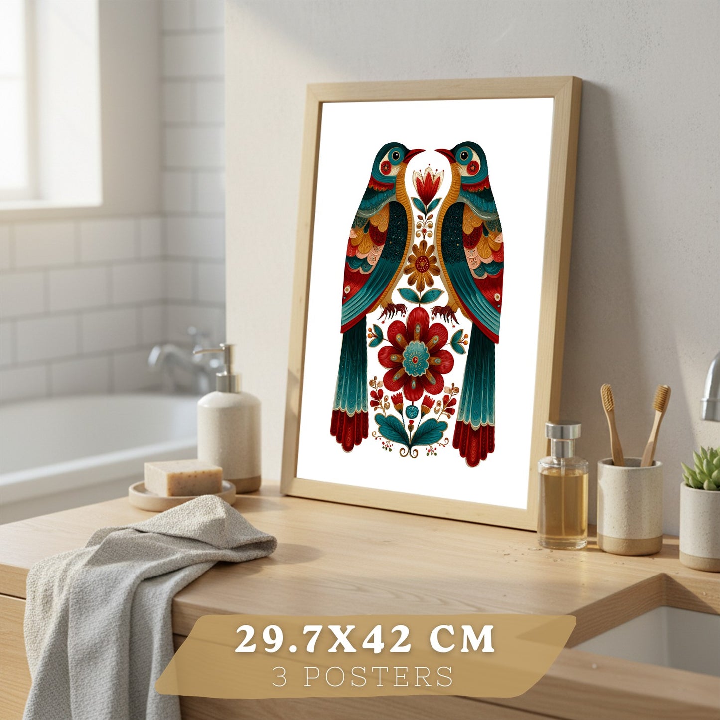 Set de 3 Laminas Decorativas Baño Cuadros Poster Arte Folk Colorido para Pared Lavabo Ducha WC y Aseo con Gallo Mariposa y Pajaros Estilo Ilustracion Moderna