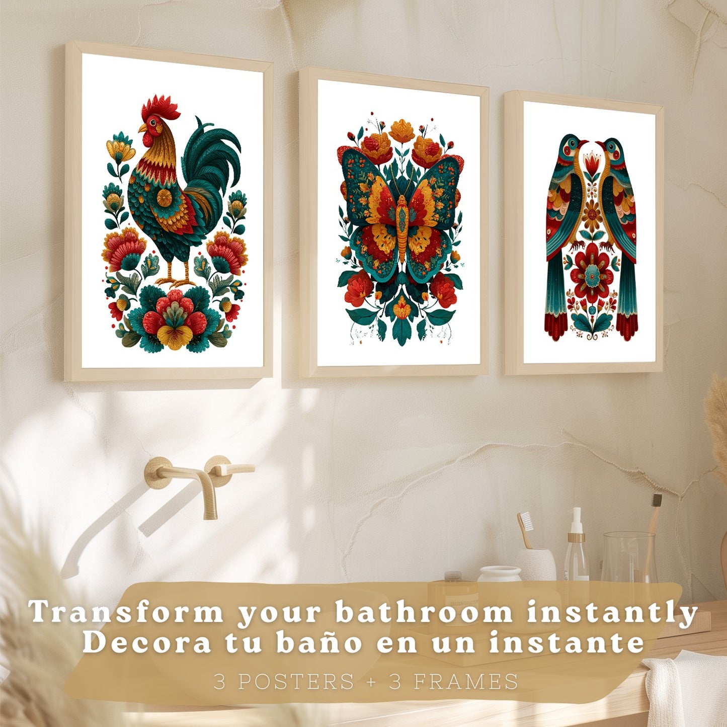 Set de 3 Laminas Decorativas Baño Cuadros Poster Arte Folk Colorido para Pared Lavabo Ducha WC y Aseo con Gallo Mariposa y Pajaros Estilo Ilustracion Moderna