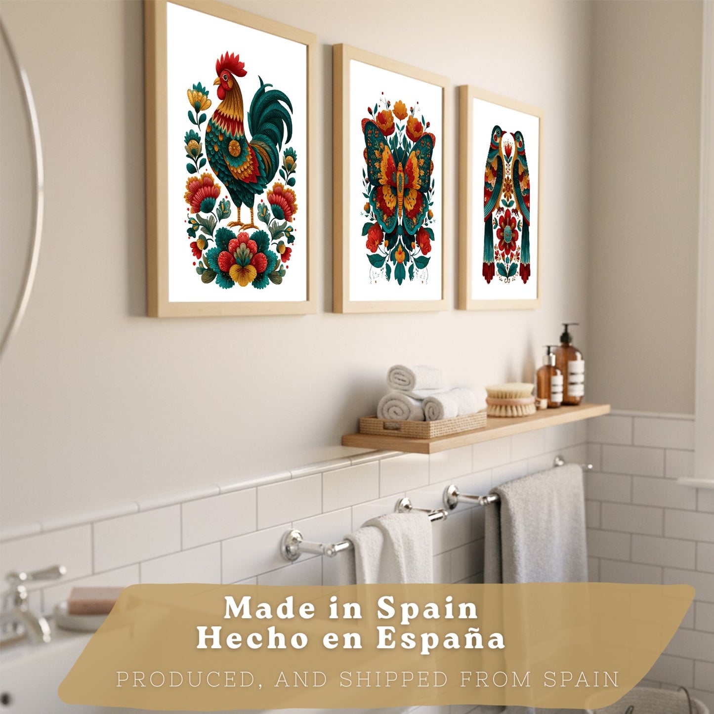 Set de 3 Laminas Decorativas Baño Cuadros Poster Arte Folk Colorido para Pared Lavabo Ducha WC y Aseo con Gallo Mariposa y Pajaros Estilo Ilustracion Moderna