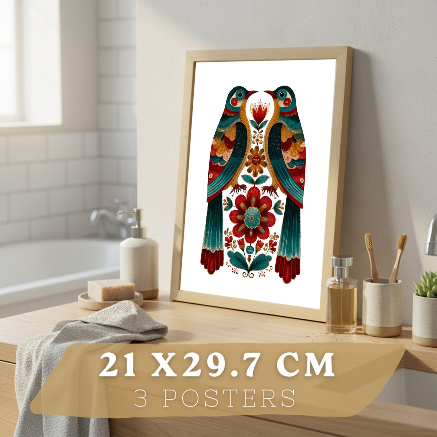 Set de 3 Laminas Decorativas Baño Cuadros Poster Arte Folk Colorido para Pared Lavabo Ducha WC y Aseo con Gallo Mariposa y Pajaros Estilo Ilustracion Moderna