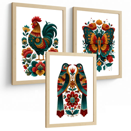 Set de 3 Laminas Decorativas Baño Cuadros Poster Arte Folk Colorido para Pared Lavabo Ducha WC y Aseo con Gallo Mariposa y Pajaros Estilo Ilustracion Moderna