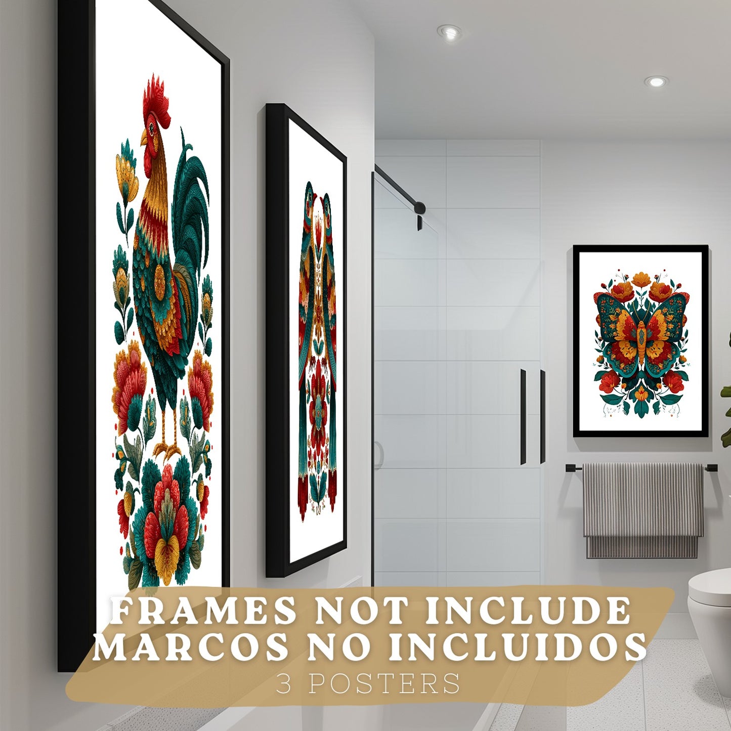 Set de 3 Laminas Decorativas Baño Cuadros Poster Arte Folk Colorido para Pared Lavabo Ducha WC y Aseo con Gallo Mariposa y Pajaros Estilo Ilustracion Moderna