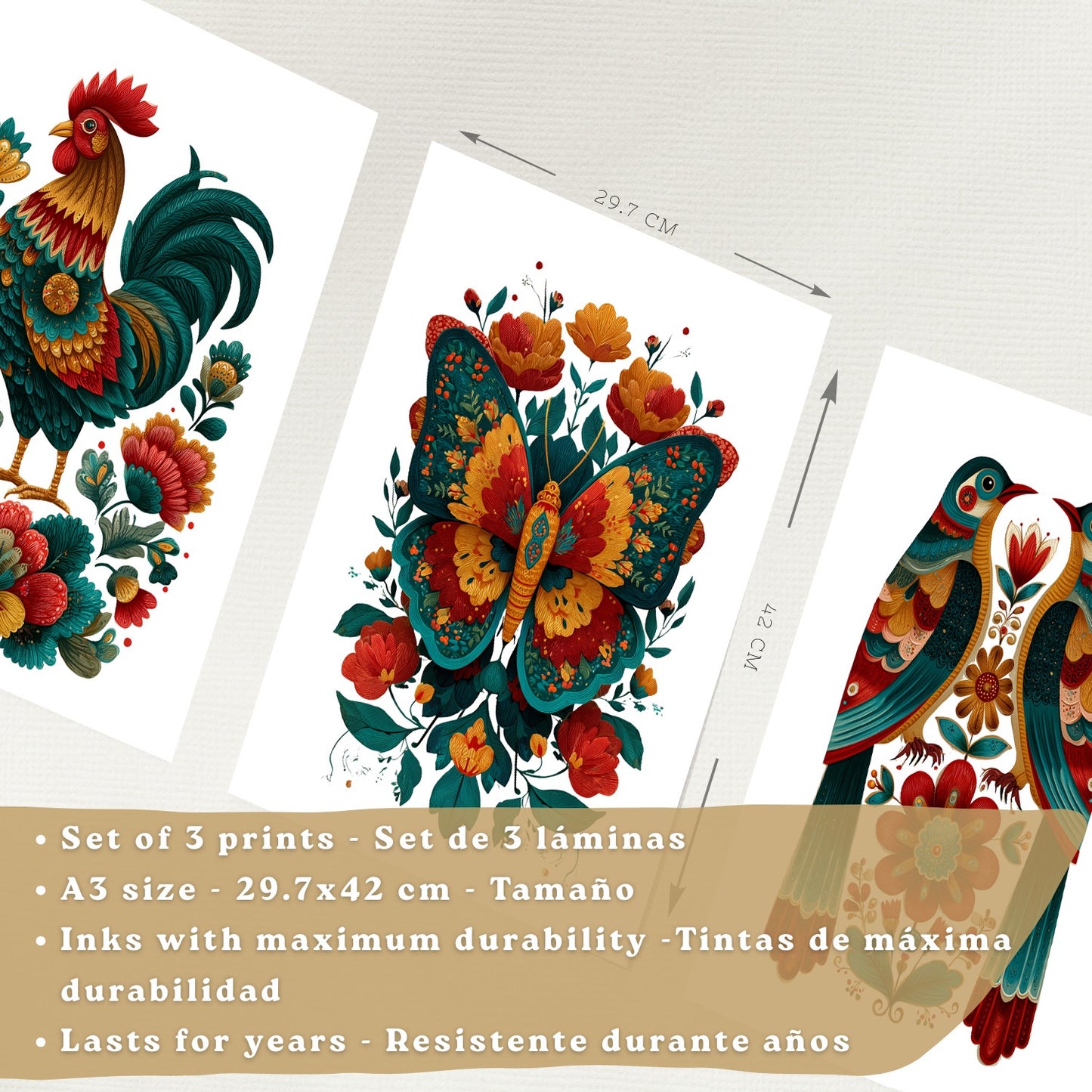 Set de 3 Laminas Decorativas Baño Cuadros Poster Arte Folk Colorido para Pared Lavabo Ducha WC y Aseo con Gallo Mariposa y Pajaros Estilo Ilustracion Moderna