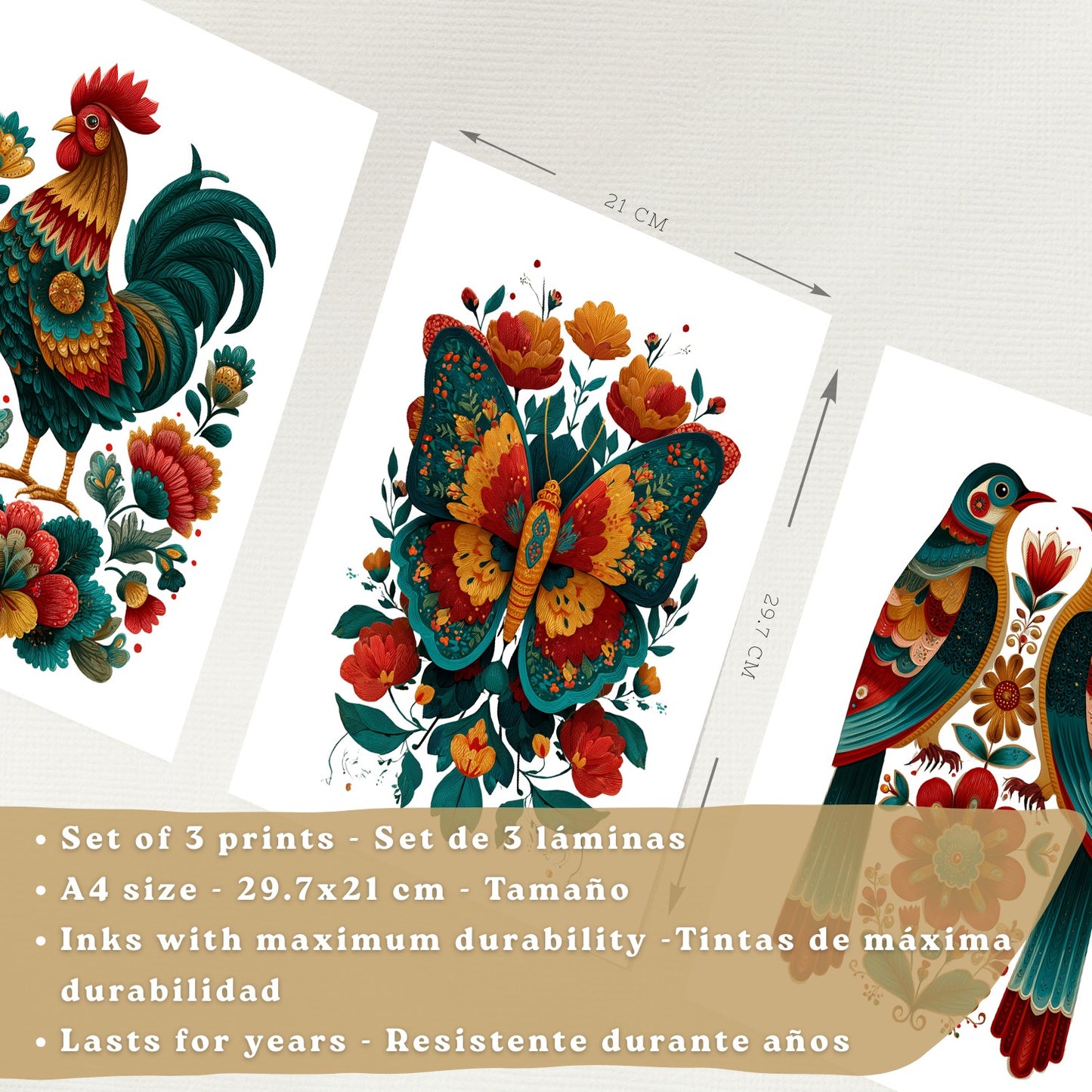 Set de 3 Laminas Decorativas Baño Cuadros Poster Arte Folk Colorido para Pared Lavabo Ducha WC y Aseo con Gallo Mariposa y Pajaros Estilo Ilustracion Moderna