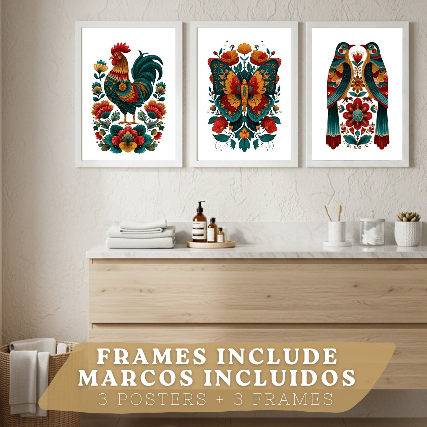 Set de 3 Laminas Decorativas Baño Cuadros Poster Arte Folk Colorido para Pared Lavabo Ducha WC y Aseo con Gallo Mariposa y Pajaros Estilo Ilustracion Moderna