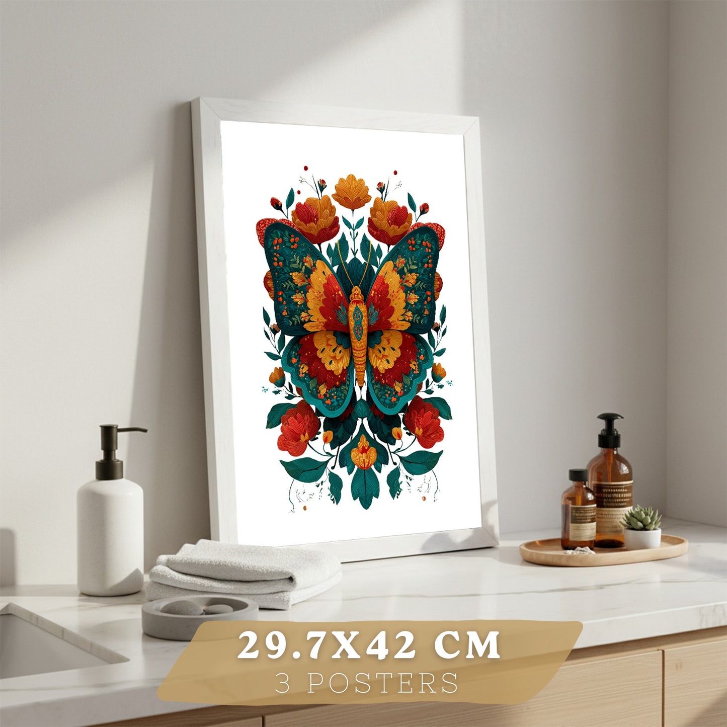Set de 3 Laminas Decorativas Baño Cuadros Poster Arte Folk Colorido para Pared Lavabo Ducha WC y Aseo con Gallo Mariposa y Pajaros Estilo Ilustracion Moderna