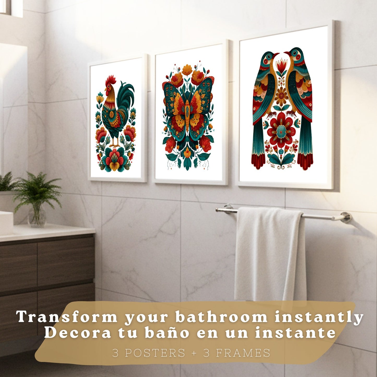 Set de 3 Laminas Decorativas Baño Cuadros Poster Arte Folk Colorido para Pared Lavabo Ducha WC y Aseo con Gallo Mariposa y Pajaros Estilo Ilustracion Moderna