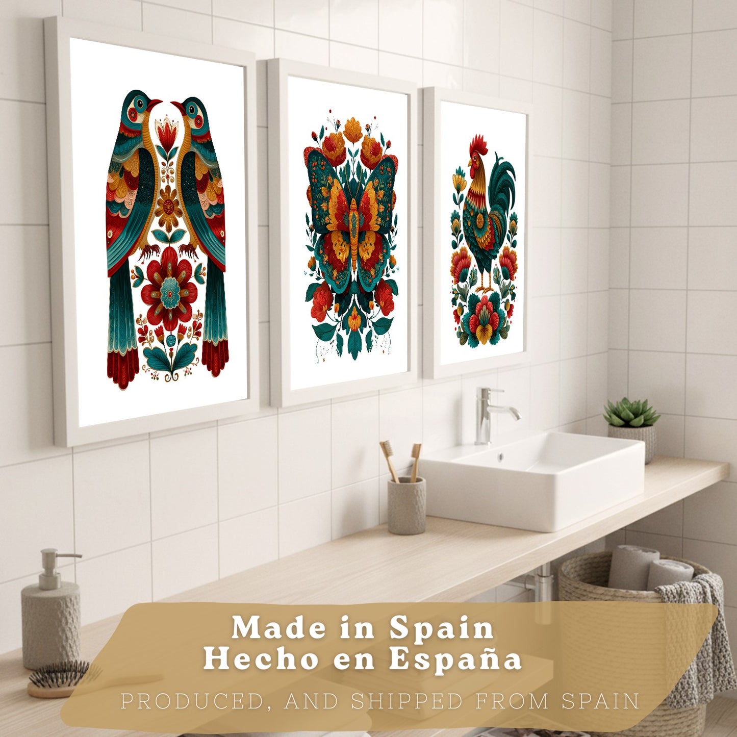 Set de 3 Laminas Decorativas Baño Cuadros Poster Arte Folk Colorido para Pared Lavabo Ducha WC y Aseo con Gallo Mariposa y Pajaros Estilo Ilustracion Moderna