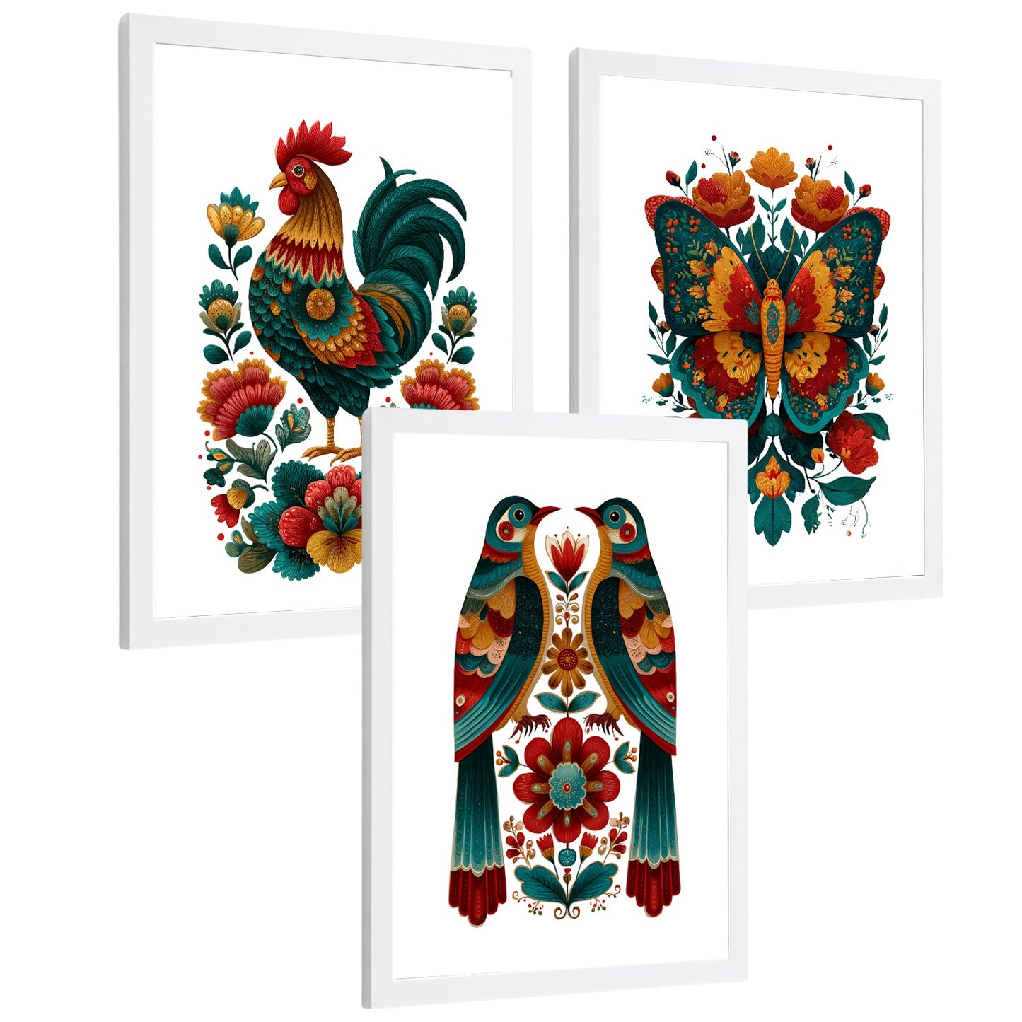 Set de 3 Laminas Decorativas Baño Cuadros Poster Arte Folk Colorido para Pared Lavabo Ducha WC y Aseo con Gallo Mariposa y Pajaros Estilo Ilustracion Moderna