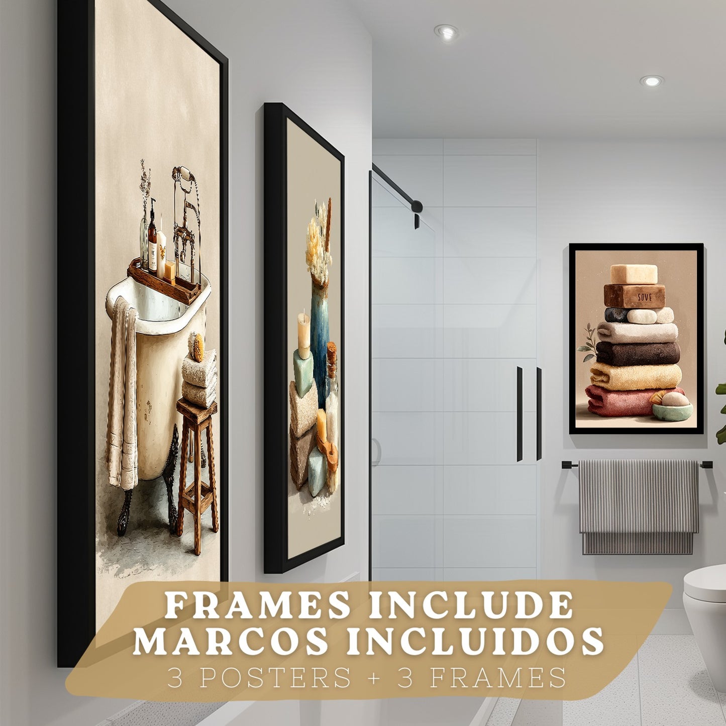 Set de 3 Laminas Decorativas Baño Decoración Paredes Cuadros Baño Estilo Spa Natural Poster Baño WC Lavabo con Toallas Velas y Jabones Decoración Hogar