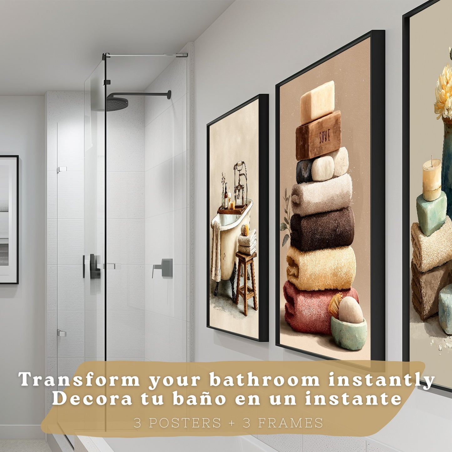 Set de 3 Laminas Decorativas Baño Decoración Paredes Cuadros Baño Estilo Spa Natural Poster Baño WC Lavabo con Toallas Velas y Jabones Decoración Hogar