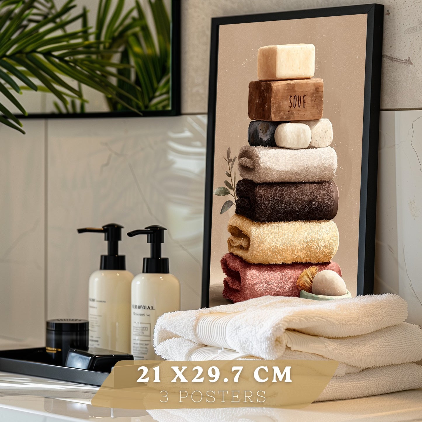 Set de 3 Laminas Decorativas Baño Decoración Paredes Cuadros Baño Estilo Spa Natural Poster Baño WC Lavabo con Toallas Velas y Jabones Decoración Hogar