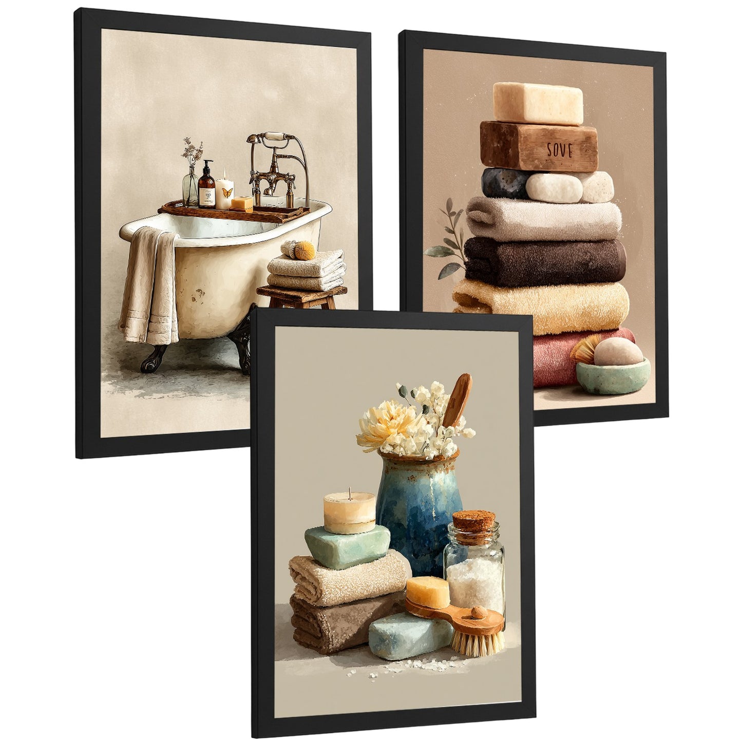 Set de 3 Laminas Decorativas Baño Decoración Paredes Cuadros Baño Estilo Spa Natural Poster Baño WC Lavabo con Toallas Velas y Jabones Decoración Hogar