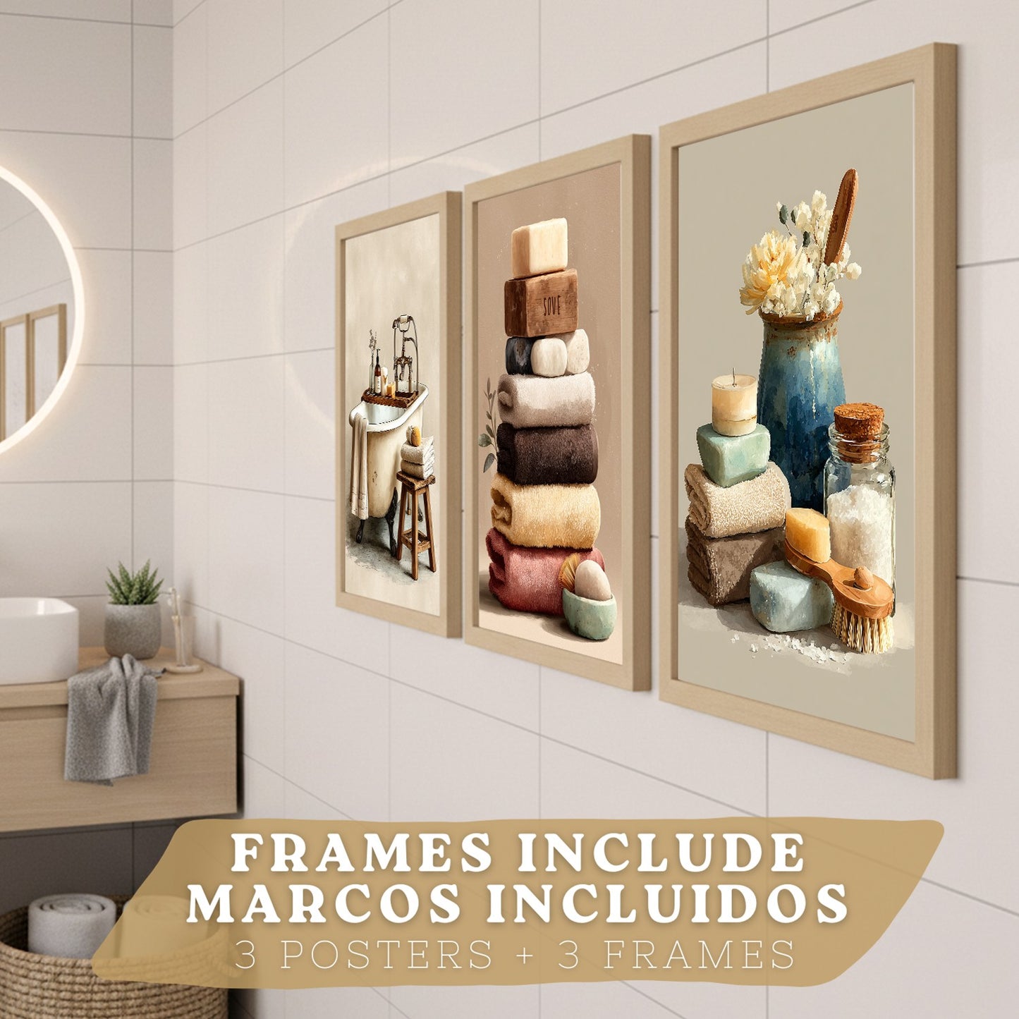 Set de 3 Laminas Decorativas Baño Decoración Paredes Cuadros Baño Estilo Spa Natural Poster Baño WC Lavabo con Toallas Velas y Jabones Decoración Hogar