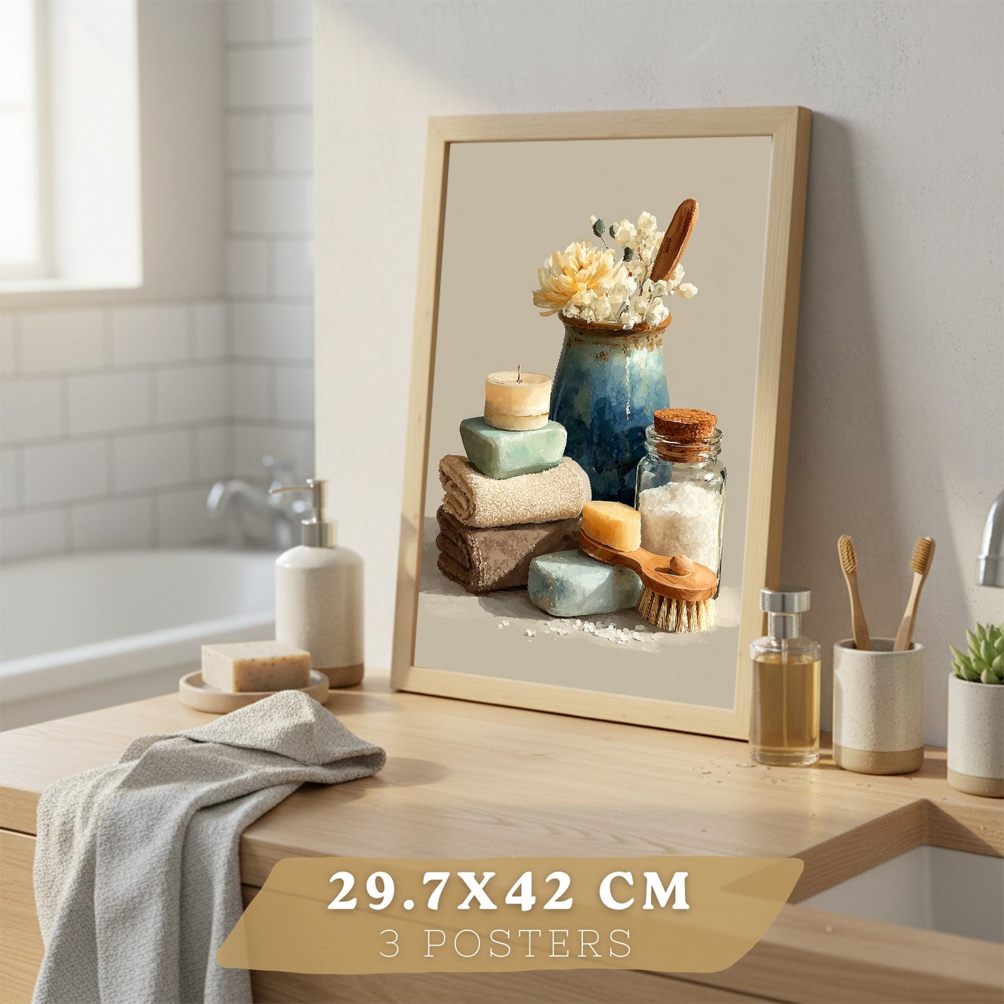 Set de 3 Laminas Decorativas Baño Decoración Paredes Cuadros Baño Estilo Spa Natural Poster Baño WC Lavabo con Toallas Velas y Jabones Decoración Hogar