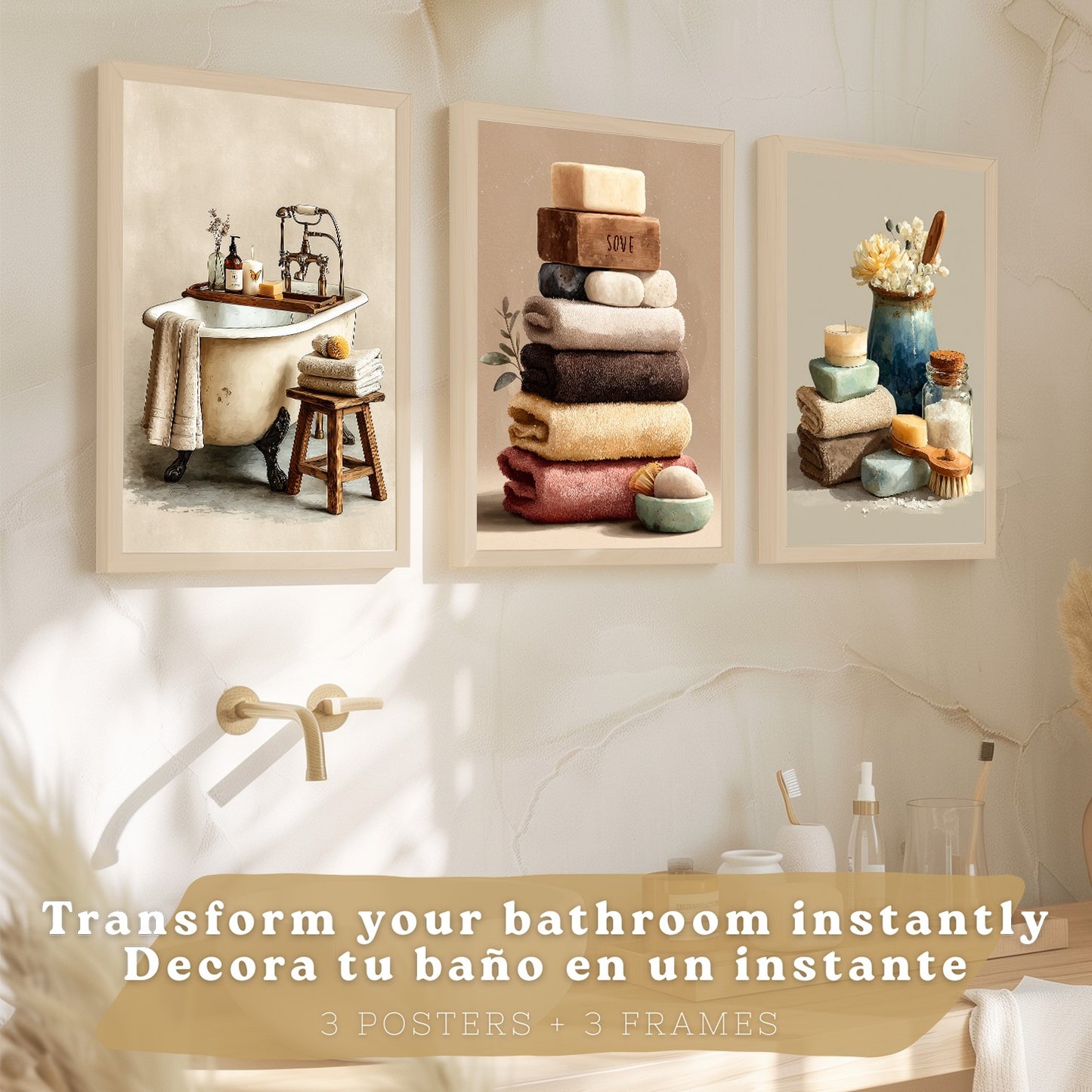 Set de 3 Laminas Decorativas Baño Decoración Paredes Cuadros Baño Estilo Spa Natural Poster Baño WC Lavabo con Toallas Velas y Jabones Decoración Hogar
