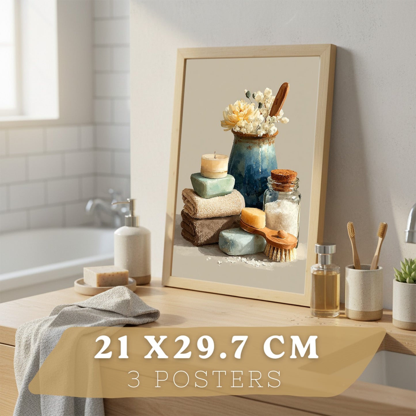 Set de 3 Laminas Decorativas Baño Decoración Paredes Cuadros Baño Estilo Spa Natural Poster Baño WC Lavabo con Toallas Velas y Jabones Decoración Hogar