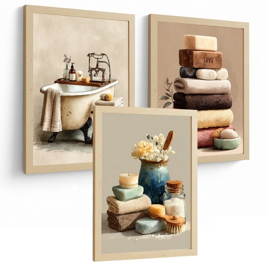 Set de 3 Laminas Decorativas Baño Decoración Paredes Cuadros Baño Estilo Spa Natural Poster Baño WC Lavabo con Toallas Velas y Jabones Decoración Hogar