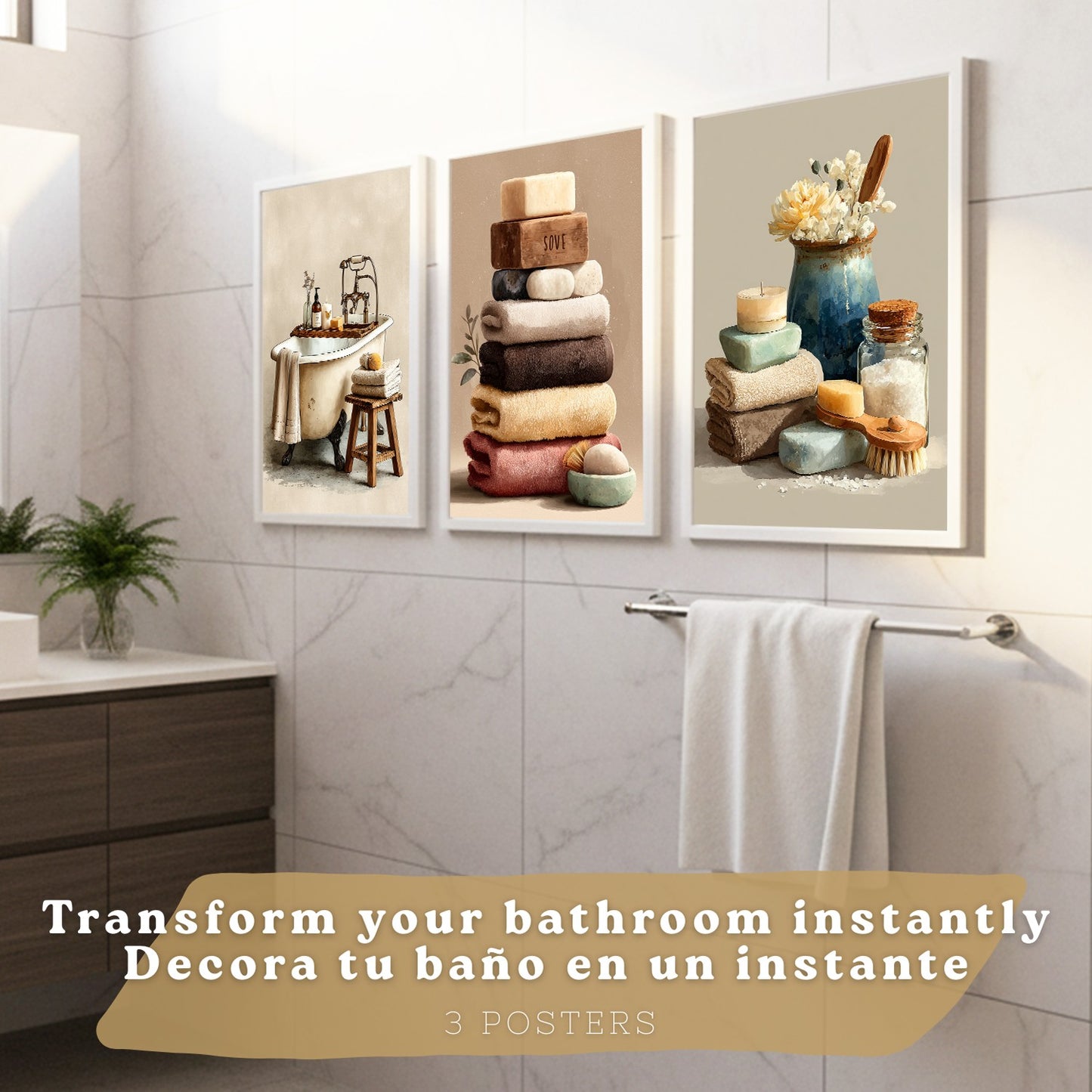 Set de 3 Laminas Decorativas Baño Decoración Paredes Cuadros Baño Estilo Spa Natural Poster Baño WC Lavabo con Toallas Velas y Jabones Decoración Hogar