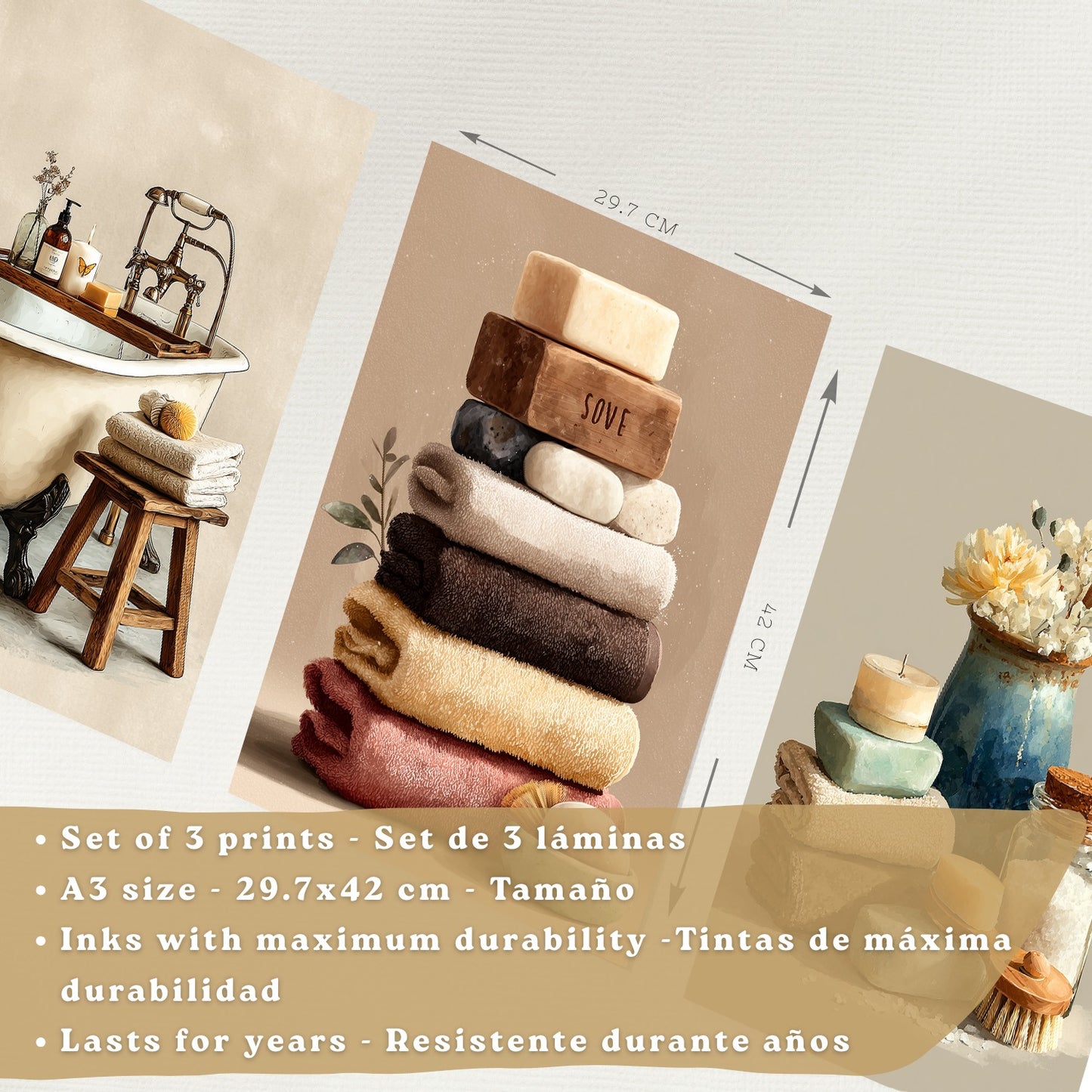 Set de 3 Laminas Decorativas Baño Decoración Paredes Cuadros Baño Estilo Spa Natural Poster Baño WC Lavabo con Toallas Velas y Jabones Decoración Hogar
