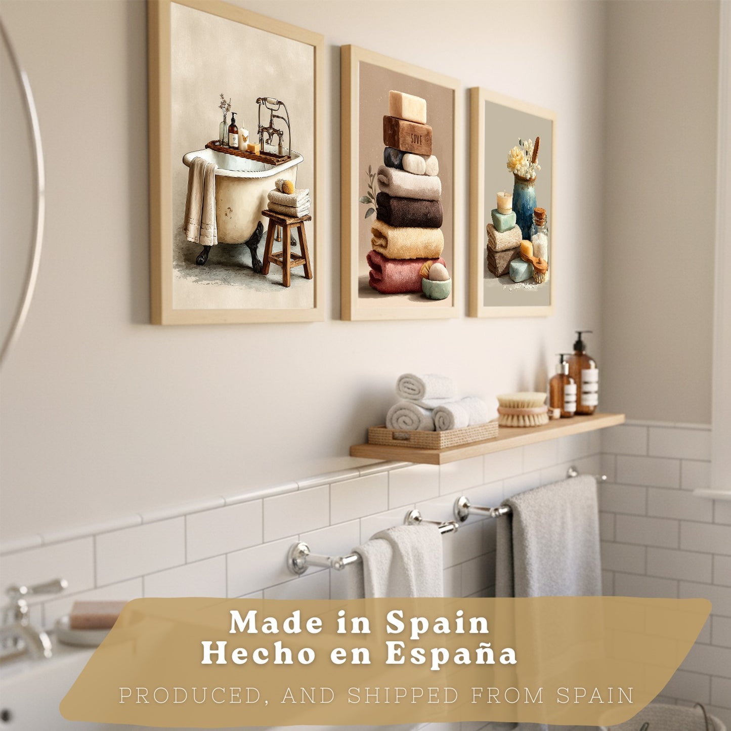 Set de 3 Laminas Decorativas Baño Decoración Paredes Cuadros Baño Estilo Spa Natural Poster Baño WC Lavabo con Toallas Velas y Jabones Decoración Hogar