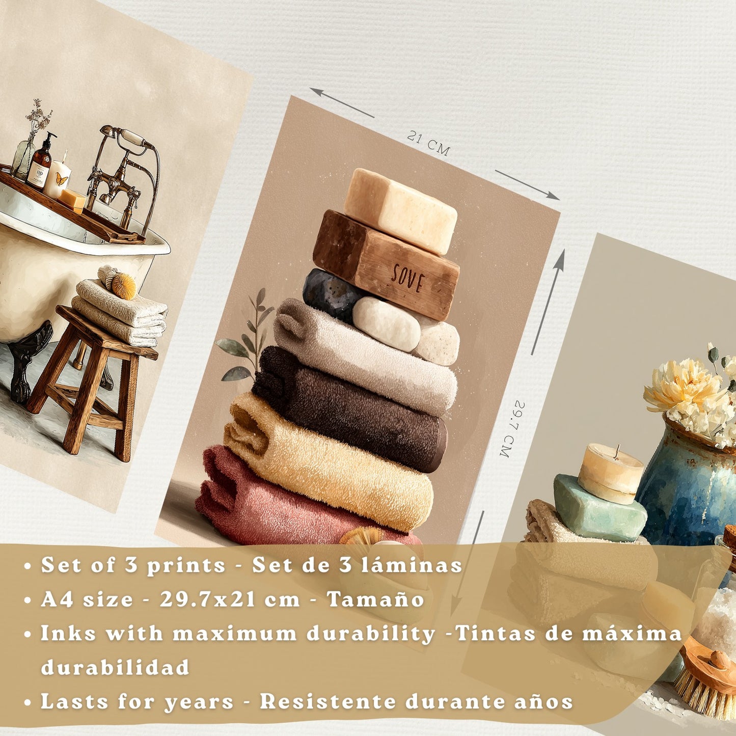 Set de 3 Laminas Decorativas Baño Decoración Paredes Cuadros Baño Estilo Spa Natural Poster Baño WC Lavabo con Toallas Velas y Jabones Decoración Hogar