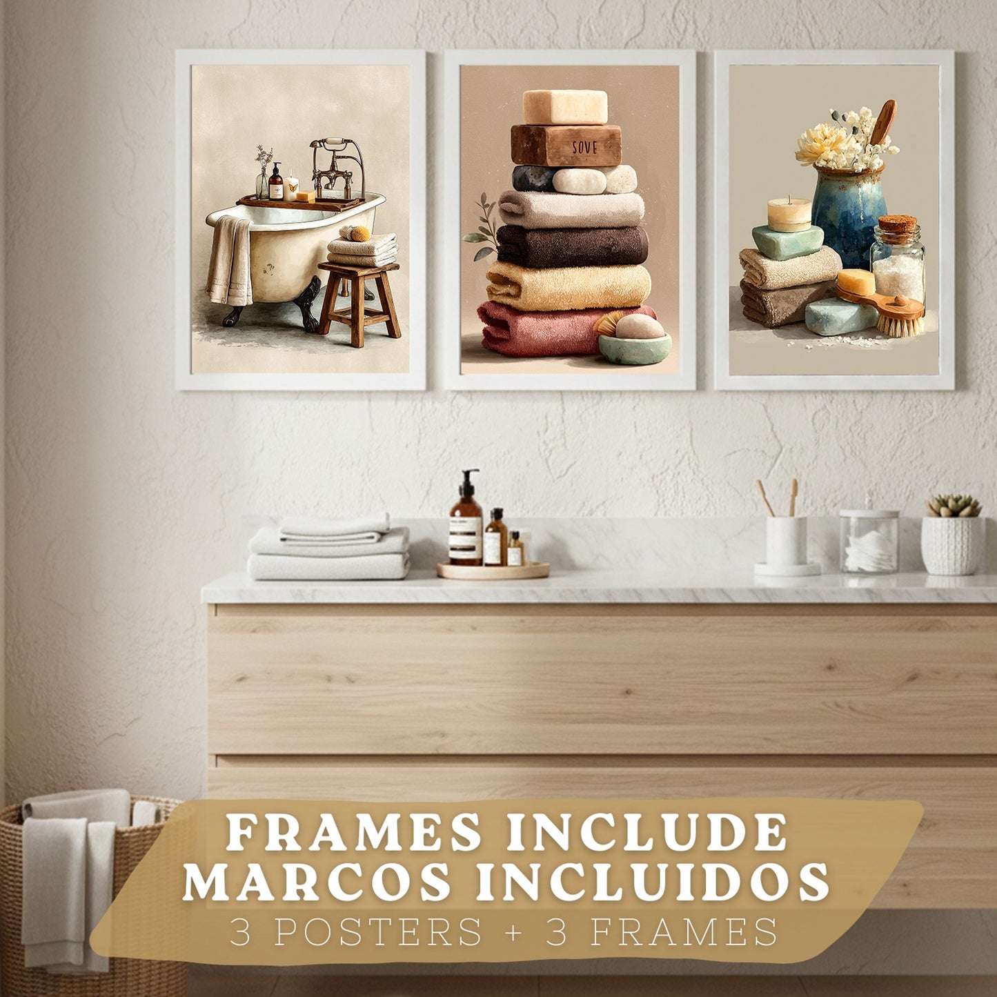 Set de 3 Laminas Decorativas Baño Decoración Paredes Cuadros Baño Estilo Spa Natural Poster Baño WC Lavabo con Toallas Velas y Jabones Decoración Hogar