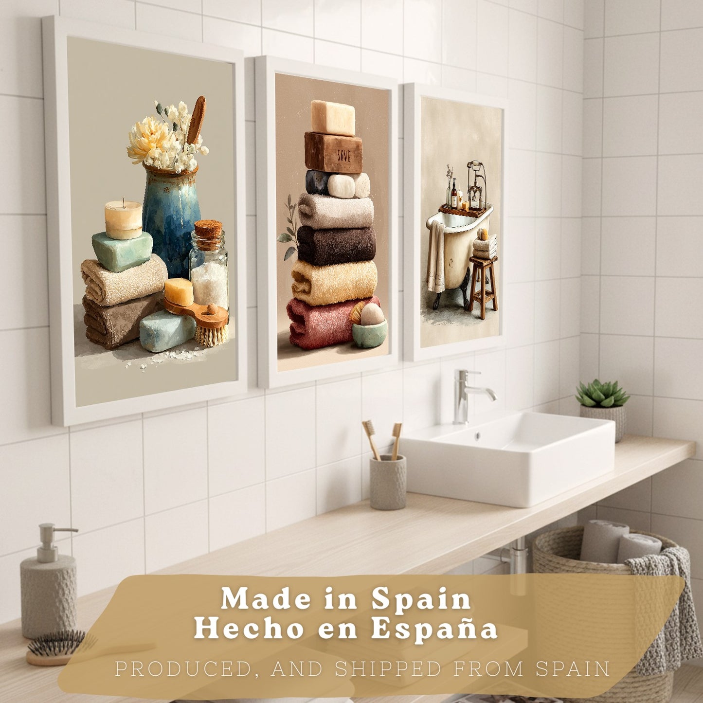 Set de 3 Laminas Decorativas Baño Decoración Paredes Cuadros Baño Estilo Spa Natural Poster Baño WC Lavabo con Toallas Velas y Jabones Decoración Hogar