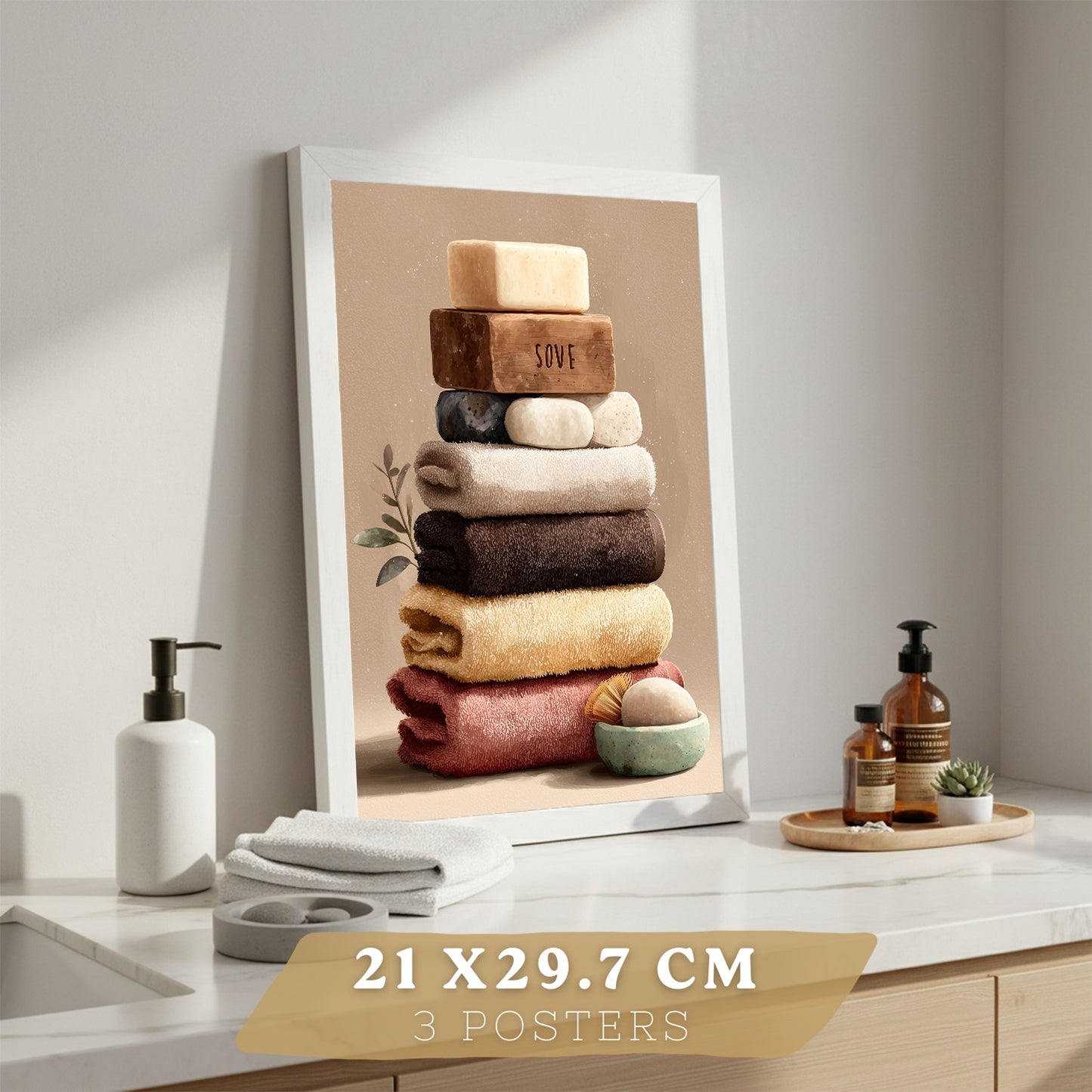 Set de 3 Laminas Decorativas Baño Decoración Paredes Cuadros Baño Estilo Spa Natural Poster Baño WC Lavabo con Toallas Velas y Jabones Decoración Hogar