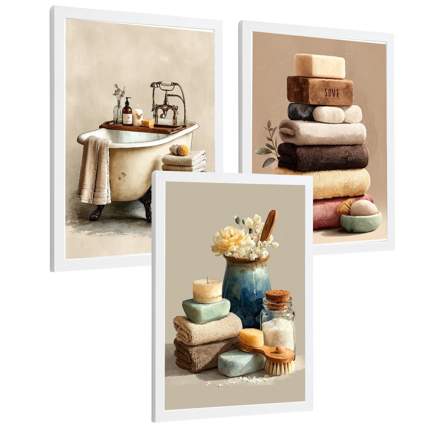 Set de 3 Laminas Decorativas Baño Decoración Paredes Cuadros Baño Estilo Spa Natural Poster Baño WC Lavabo con Toallas Velas y Jabones Decoración Hogar