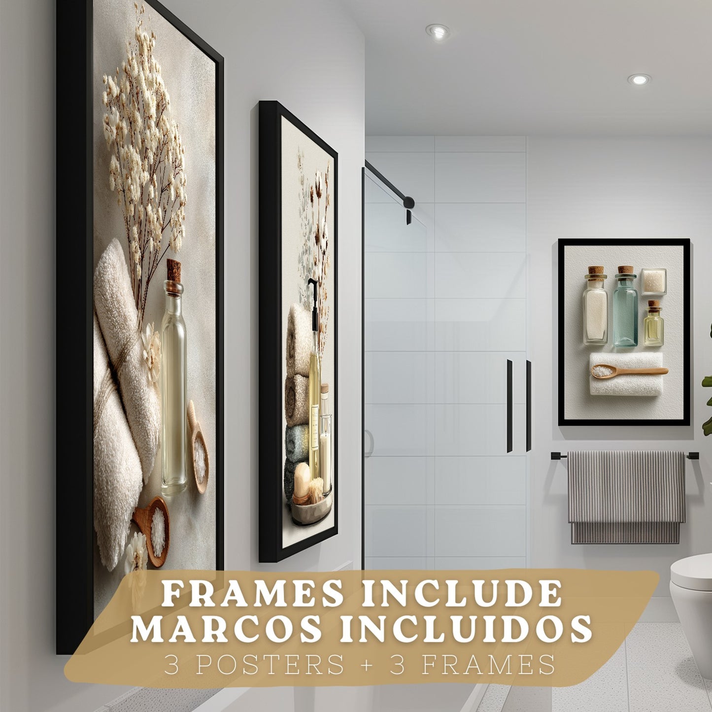 Juego de 3 Laminas Decorativas para Baño Cuadros y Poster para Pared Lavabo Ducha WC y Aseo con Botellas Sales y Toallas Estilo Natural Moderno