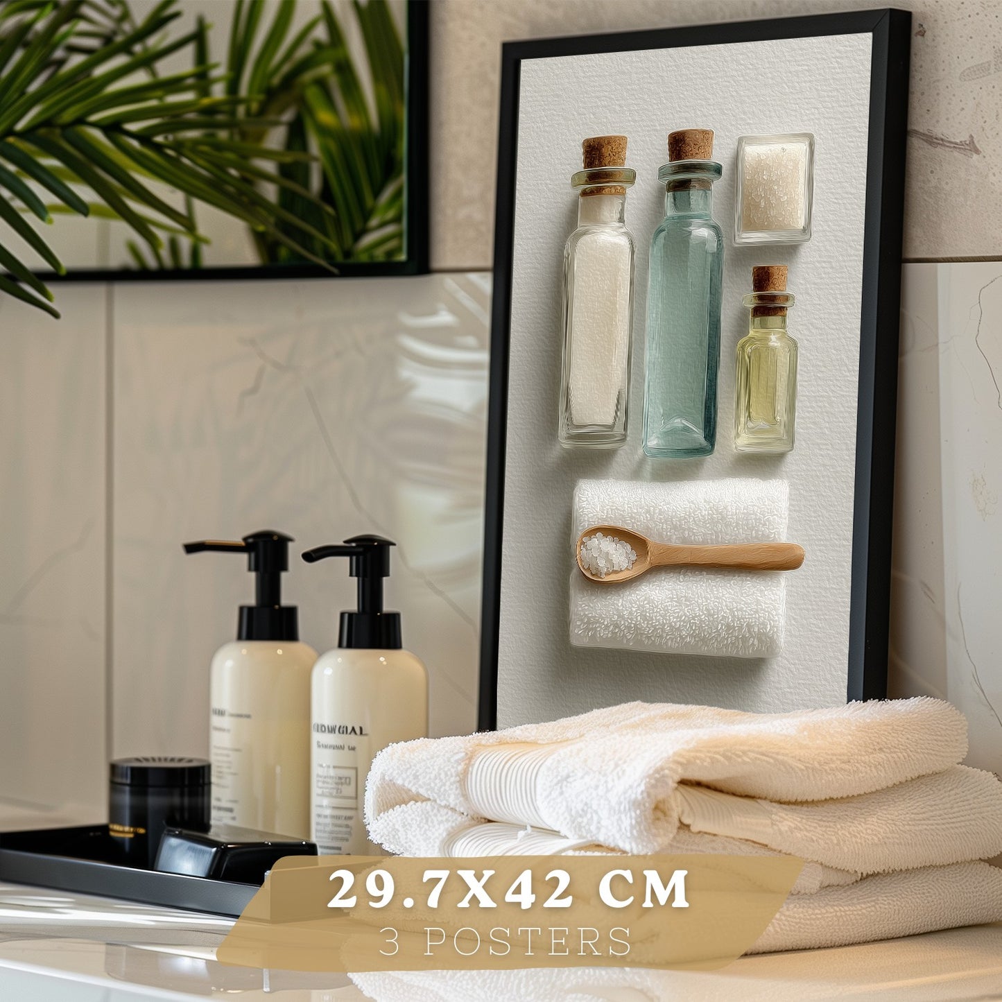 Juego de 3 Laminas Decorativas para Baño Cuadros y Poster para Pared Lavabo Ducha WC y Aseo con Botellas Sales y Toallas Estilo Natural Moderno