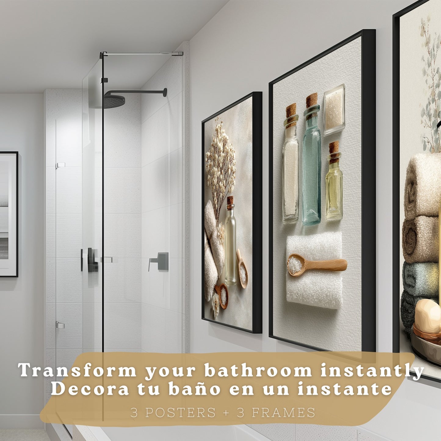 Juego de 3 Laminas Decorativas para Baño Cuadros y Poster para Pared Lavabo Ducha WC y Aseo con Botellas Sales y Toallas Estilo Natural Moderno