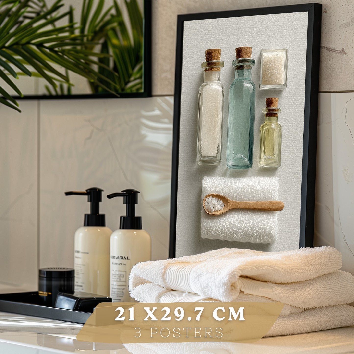 Juego de 3 Laminas Decorativas para Baño Cuadros y Poster para Pared Lavabo Ducha WC y Aseo con Botellas Sales y Toallas Estilo Natural Moderno