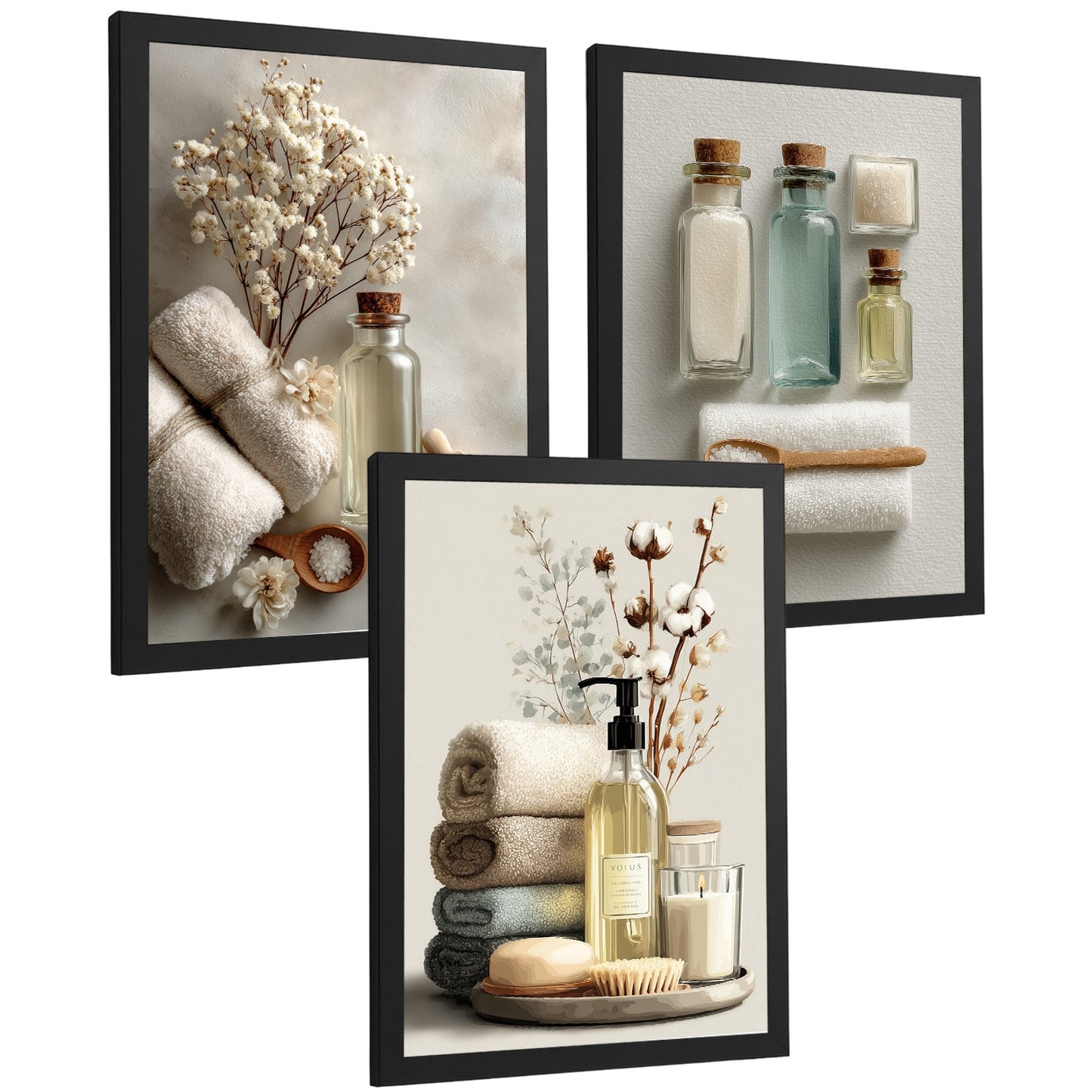 Juego de 3 Laminas Decorativas para Baño Cuadros y Poster para Pared Lavabo Ducha WC y Aseo con Botellas Sales y Toallas Estilo Natural Moderno