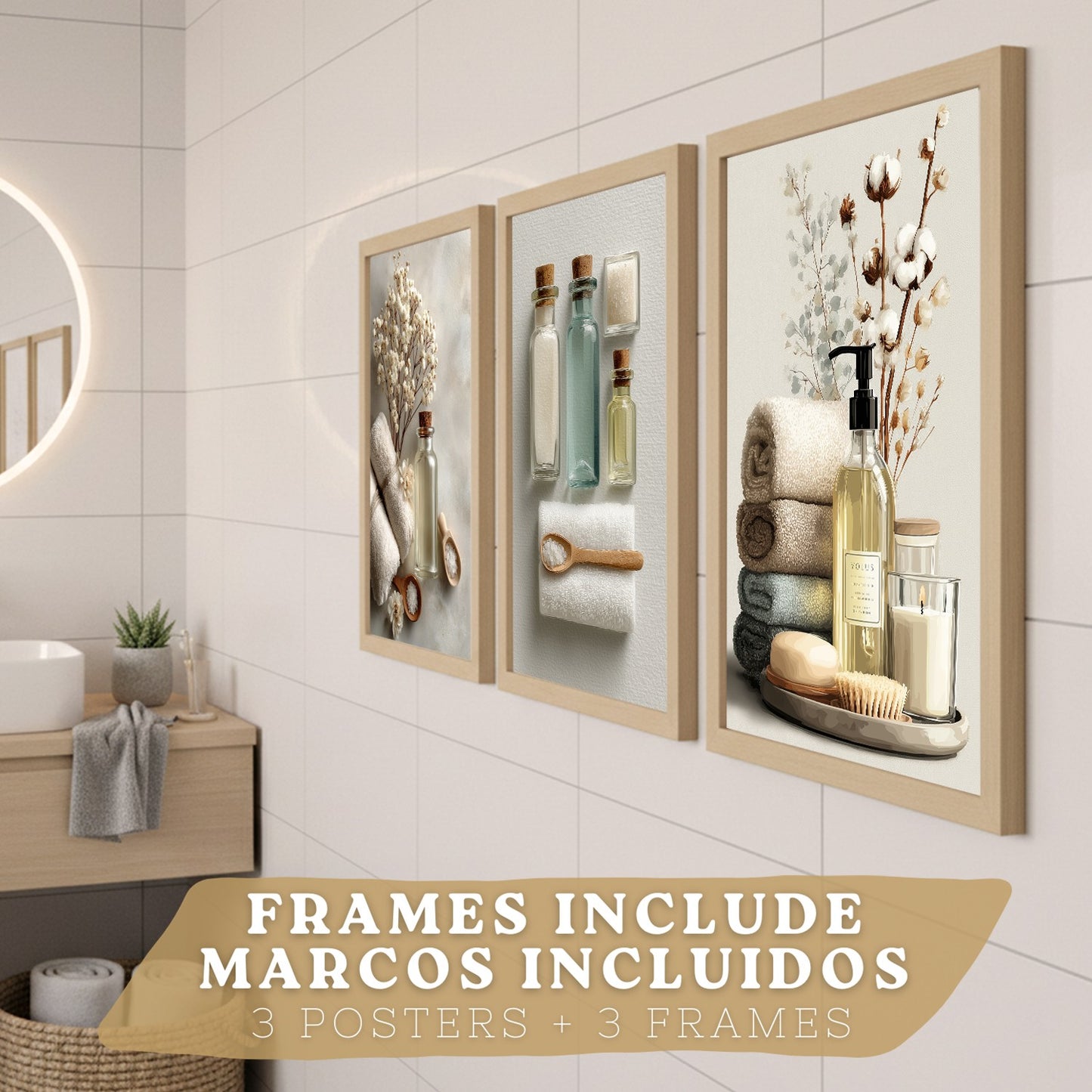 Juego de 3 Laminas Decorativas para Baño Cuadros y Poster para Pared Lavabo Ducha WC y Aseo con Botellas Sales y Toallas Estilo Natural Moderno