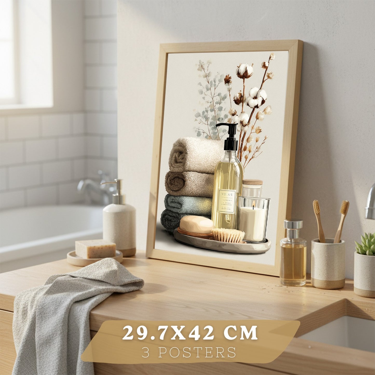 Juego de 3 Laminas Decorativas para Baño Cuadros y Poster para Pared Lavabo Ducha WC y Aseo con Botellas Sales y Toallas Estilo Natural Moderno