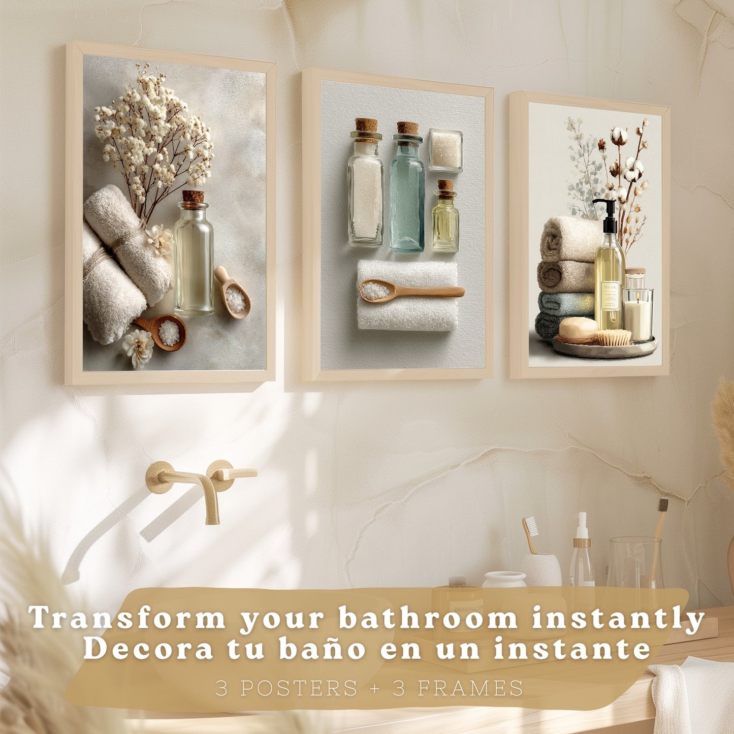 Juego de 3 Laminas Decorativas para Baño Cuadros y Poster para Pared Lavabo Ducha WC y Aseo con Botellas Sales y Toallas Estilo Natural Moderno