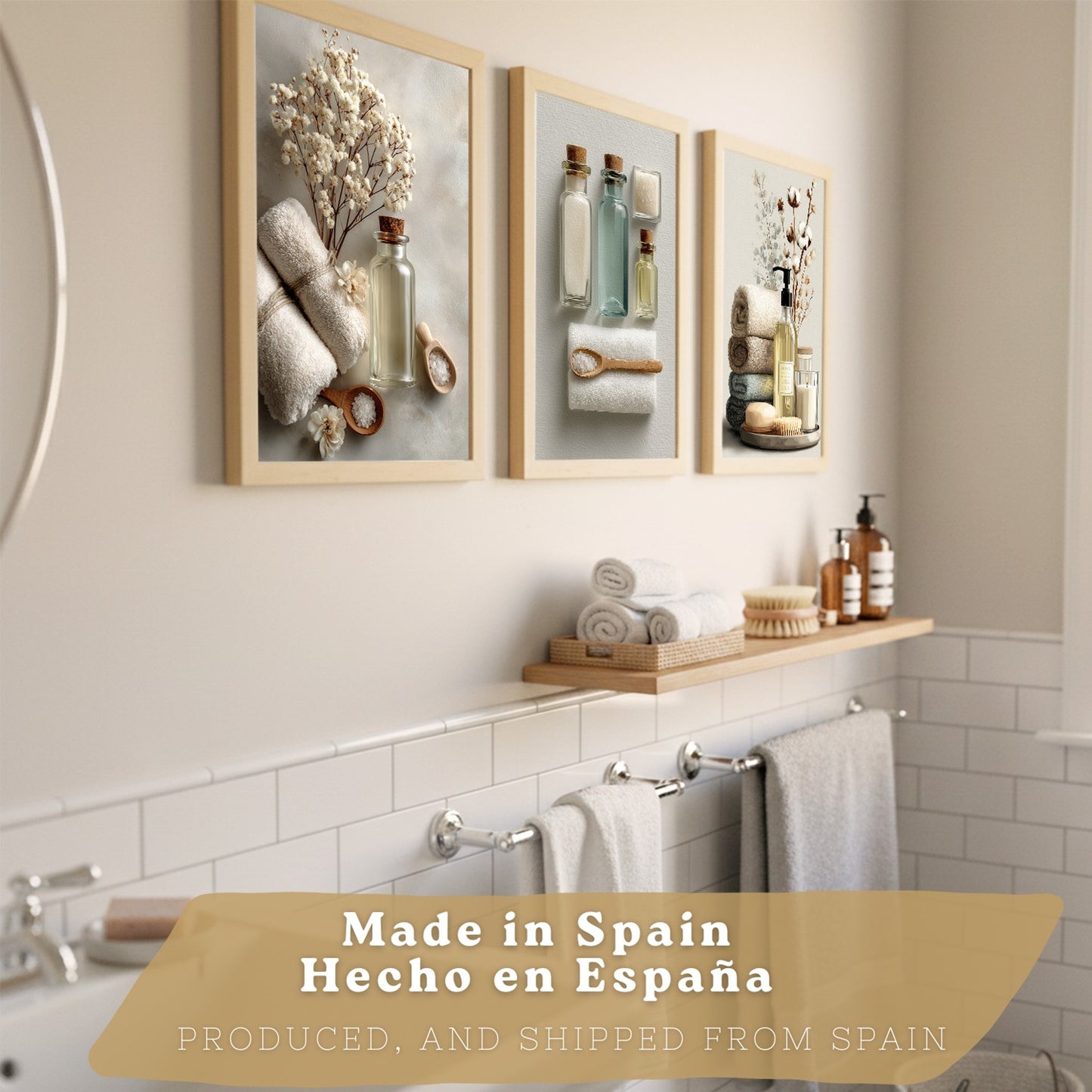 Juego de 3 Laminas Decorativas para Baño Cuadros y Poster para Pared Lavabo Ducha WC y Aseo con Botellas Sales y Toallas Estilo Natural Moderno