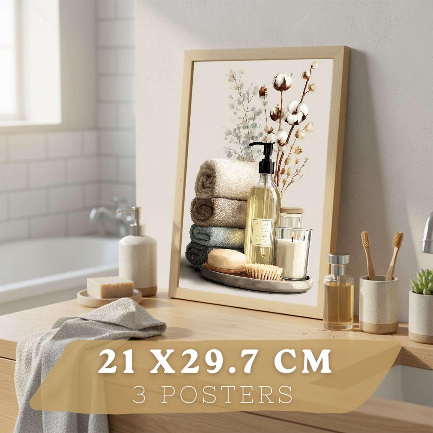 Juego de 3 Laminas Decorativas para Baño Cuadros y Poster para Pared Lavabo Ducha WC y Aseo con Botellas Sales y Toallas Estilo Natural Moderno