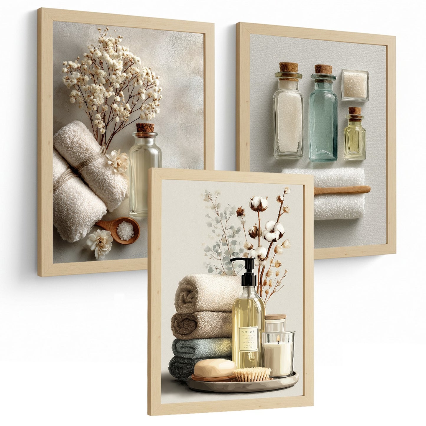 Juego de 3 Laminas Decorativas para Baño Cuadros y Poster para Pared Lavabo Ducha WC y Aseo con Botellas Sales y Toallas Estilo Natural Moderno