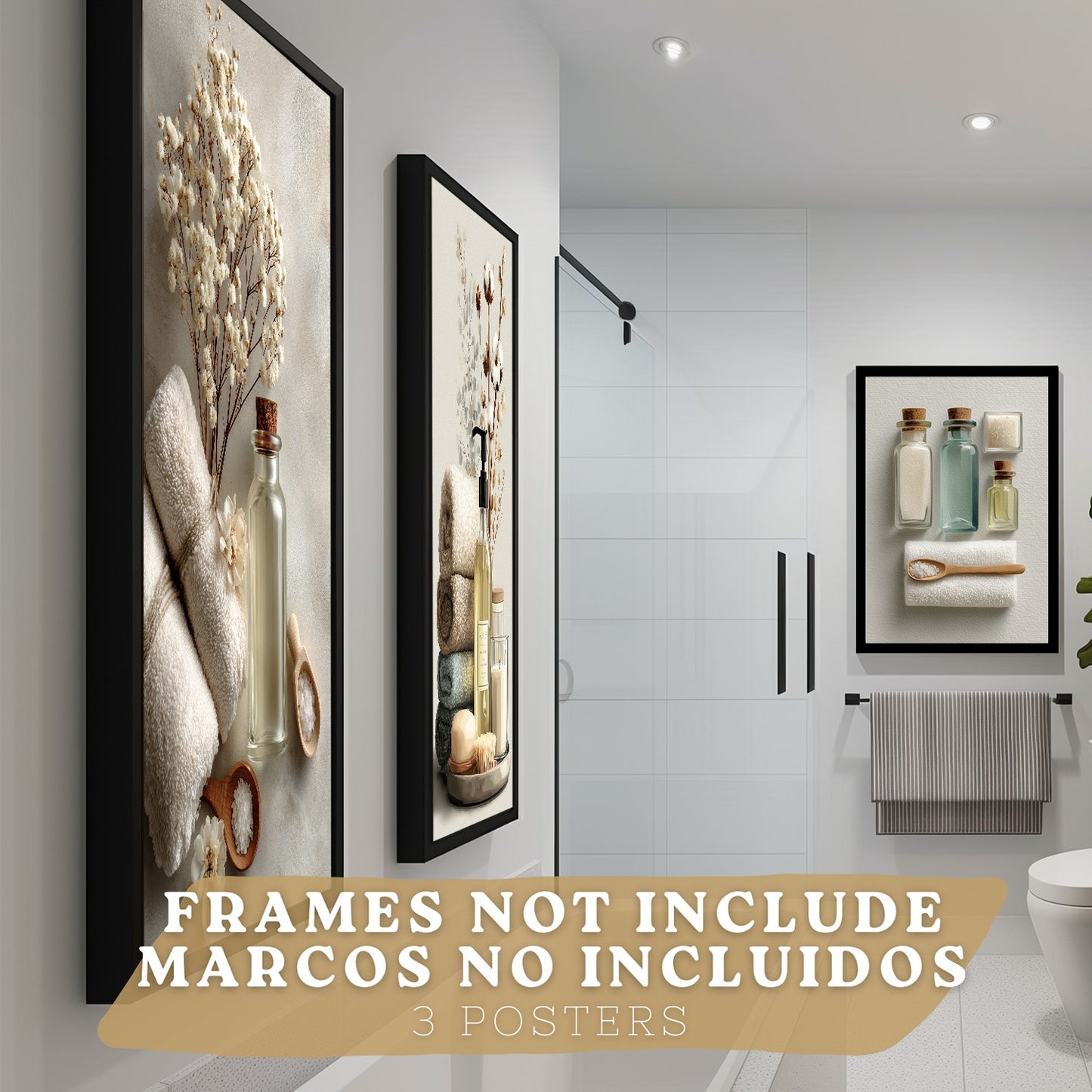 Juego de 3 Laminas Decorativas para Baño Cuadros y Poster para Pared Lavabo Ducha WC y Aseo con Botellas Sales y Toallas Estilo Natural Moderno