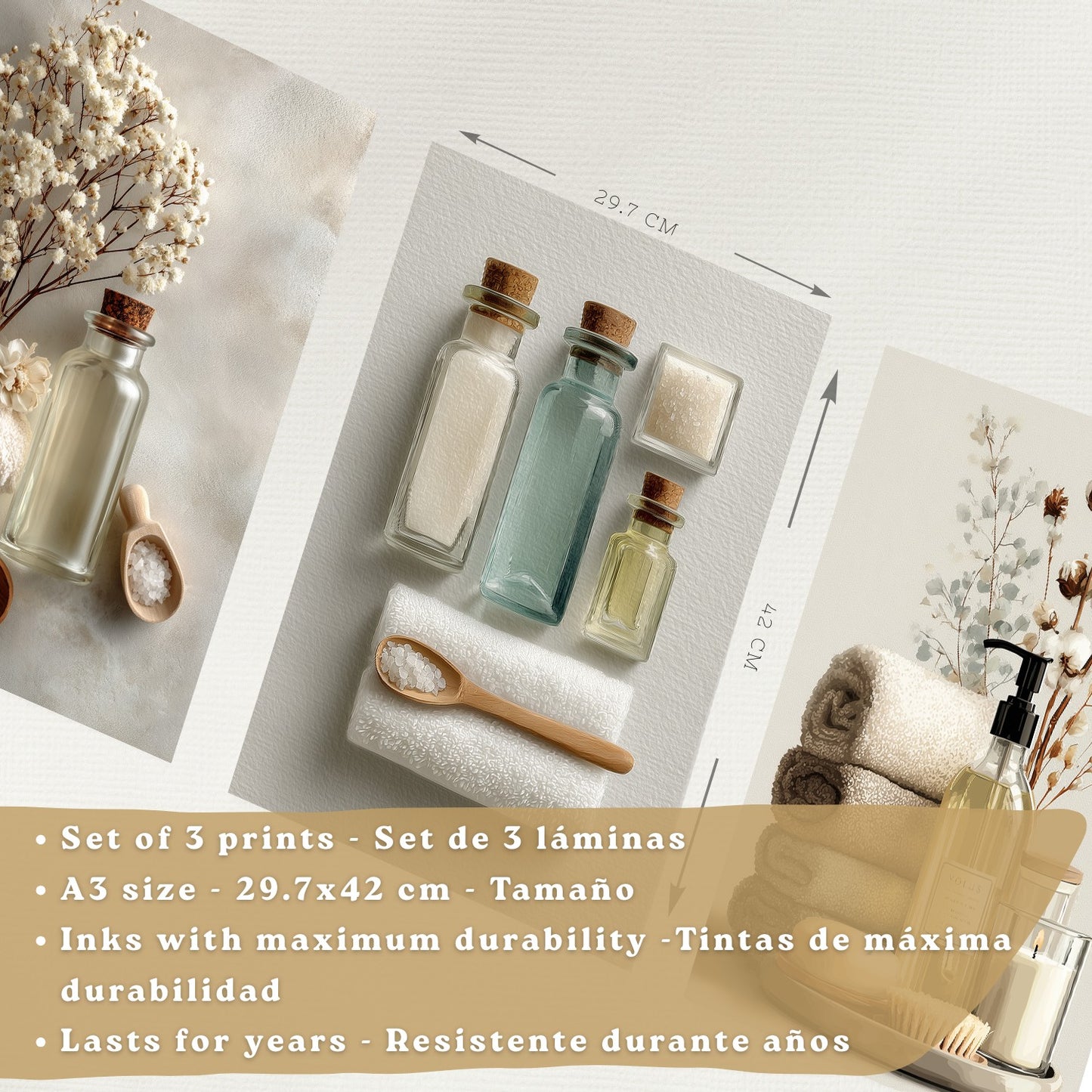 Juego de 3 Laminas Decorativas para Baño Cuadros y Poster para Pared Lavabo Ducha WC y Aseo con Botellas Sales y Toallas Estilo Natural Moderno