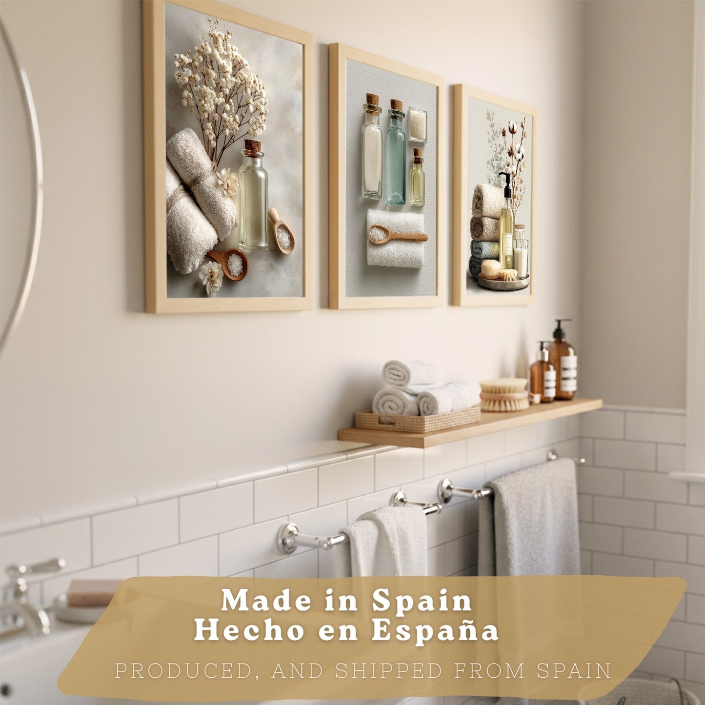 Juego de 3 Laminas Decorativas para Baño Cuadros y Poster para Pared Lavabo Ducha WC y Aseo con Botellas Sales y Toallas Estilo Natural Moderno