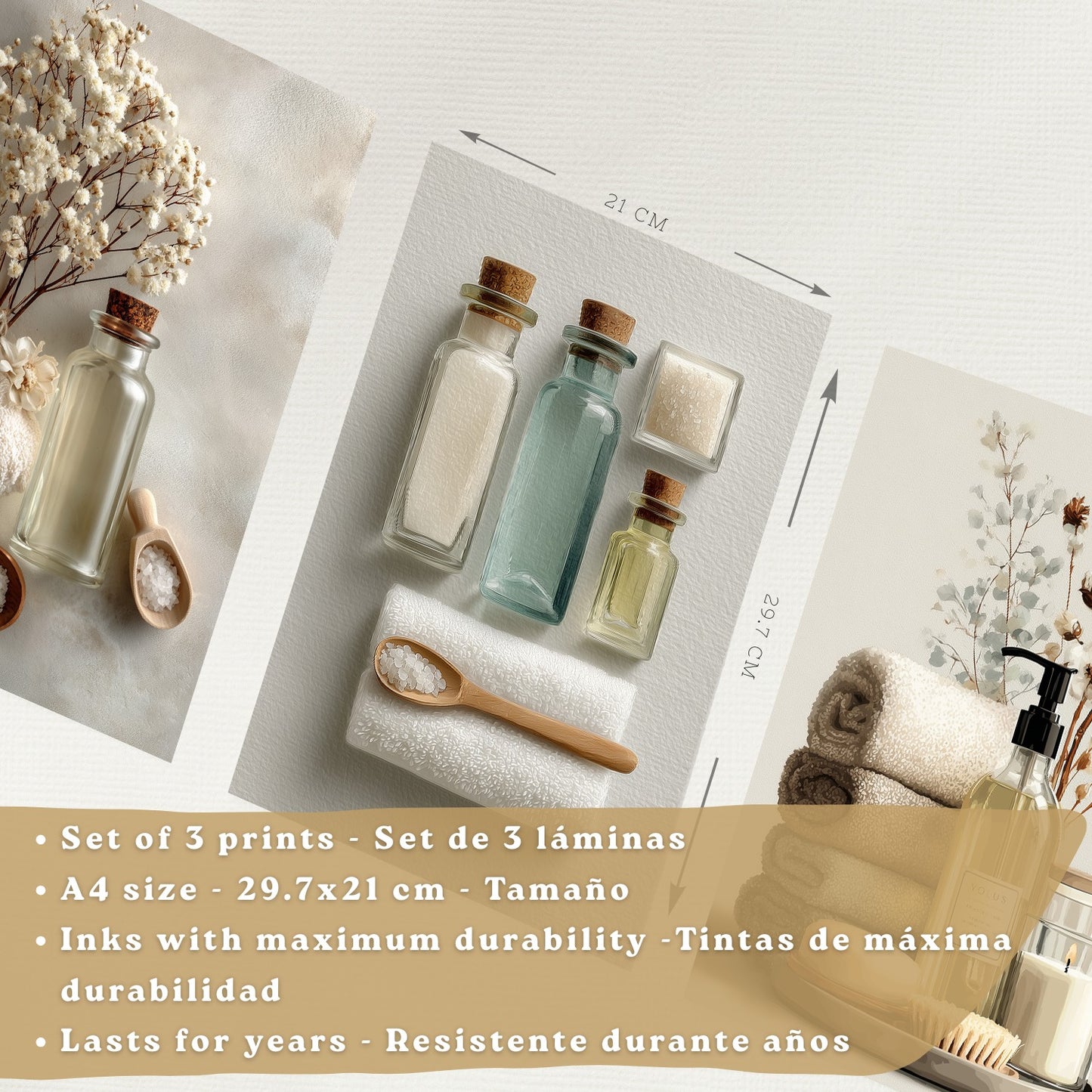 Juego de 3 Laminas Decorativas para Baño Cuadros y Poster para Pared Lavabo Ducha WC y Aseo con Botellas Sales y Toallas Estilo Natural Moderno