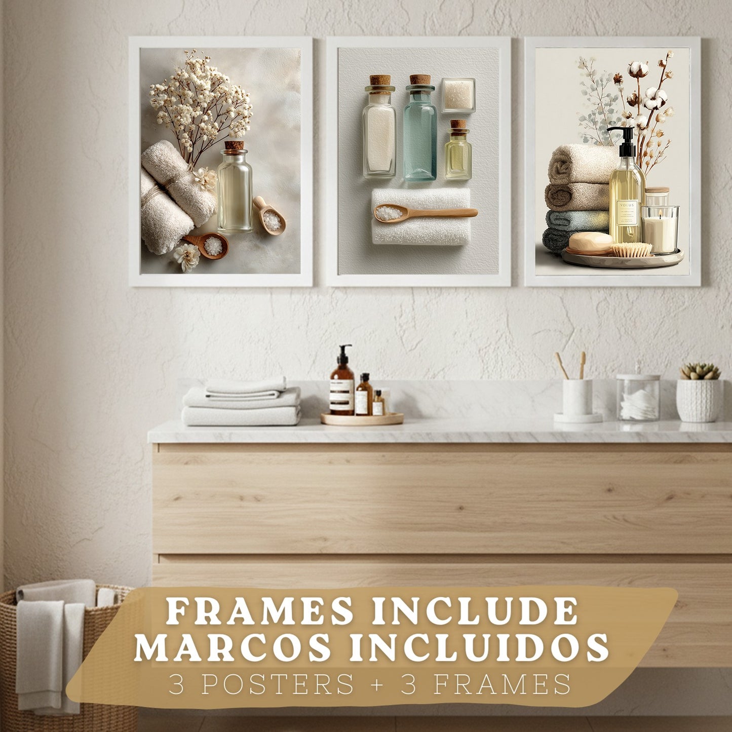 Juego de 3 Laminas Decorativas para Baño Cuadros y Poster para Pared Lavabo Ducha WC y Aseo con Botellas Sales y Toallas Estilo Natural Moderno